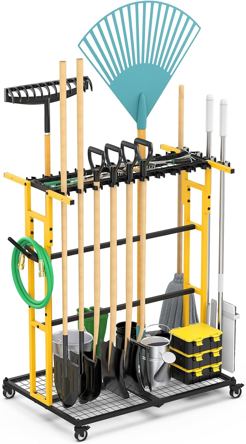 CCCEI Garage Organization with Wheels, Outdoor Gargen Yard Shed Tools Organizer Cart, Home Storage for Cleaning Supplies Organizer, Broom Holder, for Shovel and Rake, Long Farming and Farming Tools.
