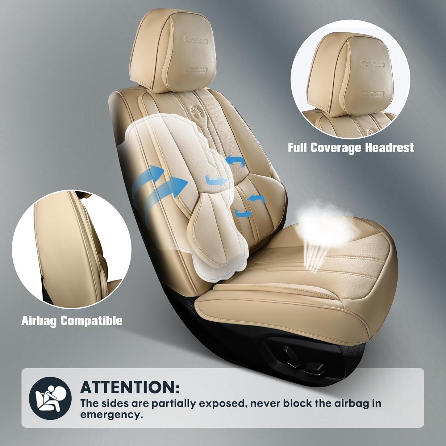 AOOG Car Seat Covers Full Set, Leather Seat Covers for Car, Waterproof Car Seat Protector with Lumbar Support, Automotive Seat Covers Universal Fit for Most Cars SUV Trucks (Full Set, Beige)