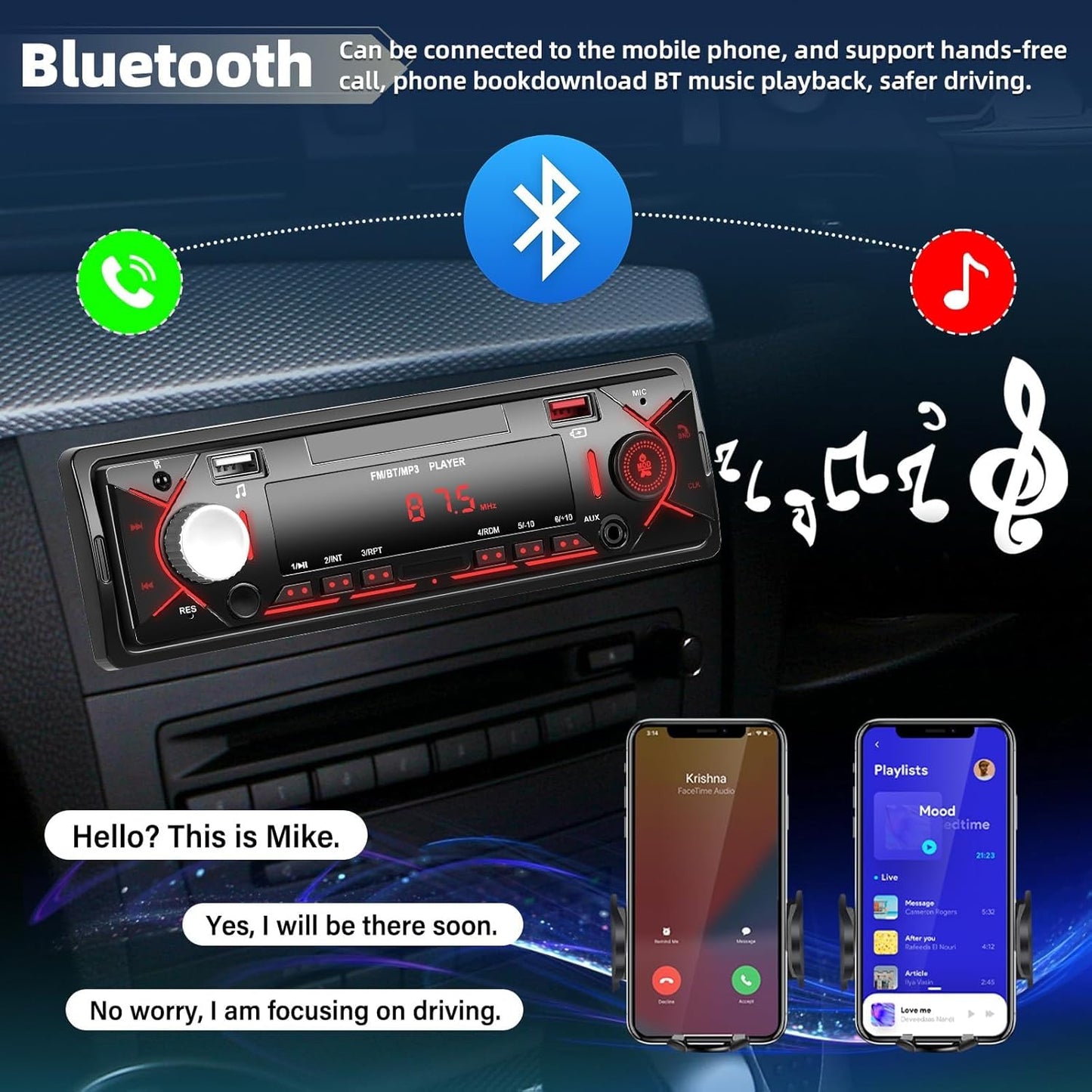 Car Radio Single Din Bluetooth Digital Car Stereo Receiver Hands-Free Calls Audio Multimedia System with 2 USB/AUX FM Radio USB Quick Charge MP3 Player