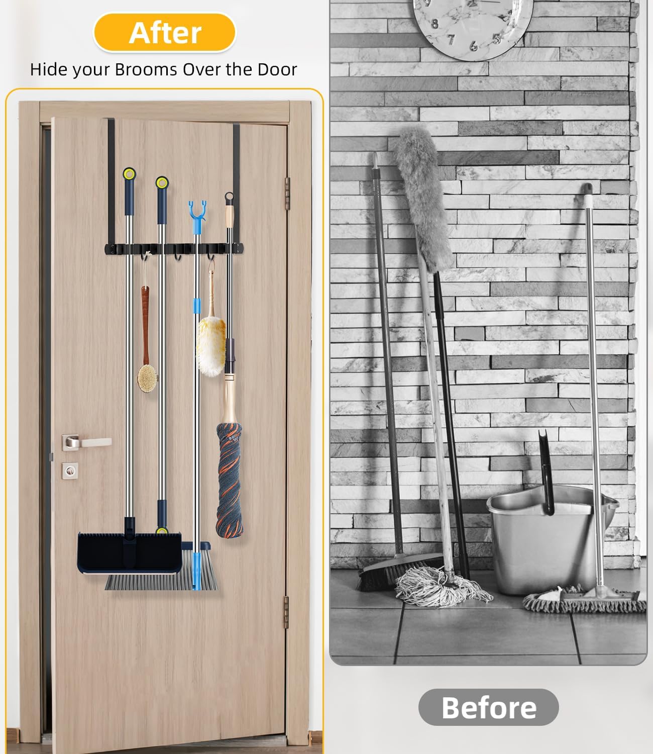 Broom Holder Over The Door - 304 Stainless Steel Mop and Broom Holder Wall Mounted or Hanging Over The Door with Hooks - Broom Hanger, Broom Storage Tool Organizer for Garage Closet Laundry