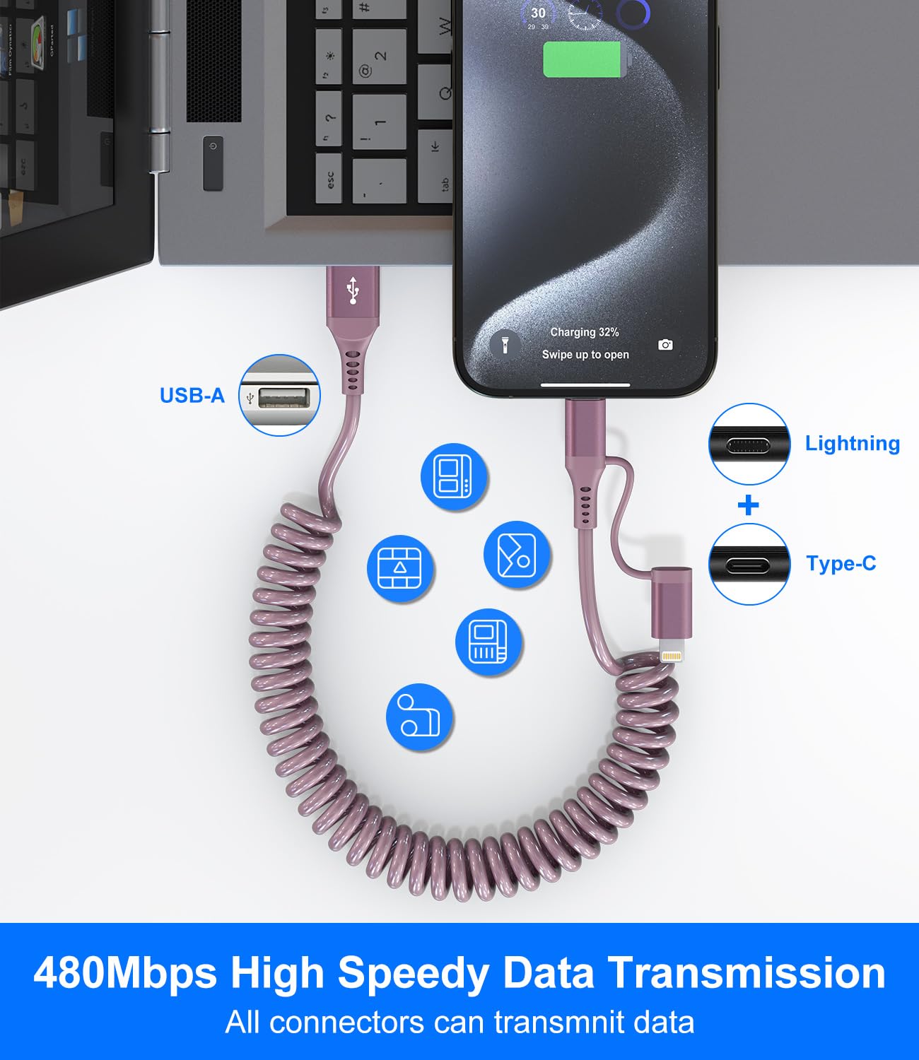 USB to USB C and Lightning Pink Car Charger Cable - Pink iPhone Charger Coiled Lightning Cable Type-C Charging Cord Support Apple Carplay & Android Auto & Data, for iPhone 16 15 14 13 12 11 Android