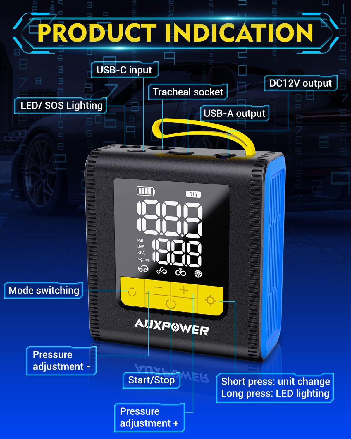 Auxpower H4 Tire Inflator Portable Air Compressor, 150PSI Fast Inflation Air Pump with Pressure Gauge, Auto-Shutoff and LED Light, 12V Cordless Tire Inflator for Car, Motorcycle, Bicycle, Balls