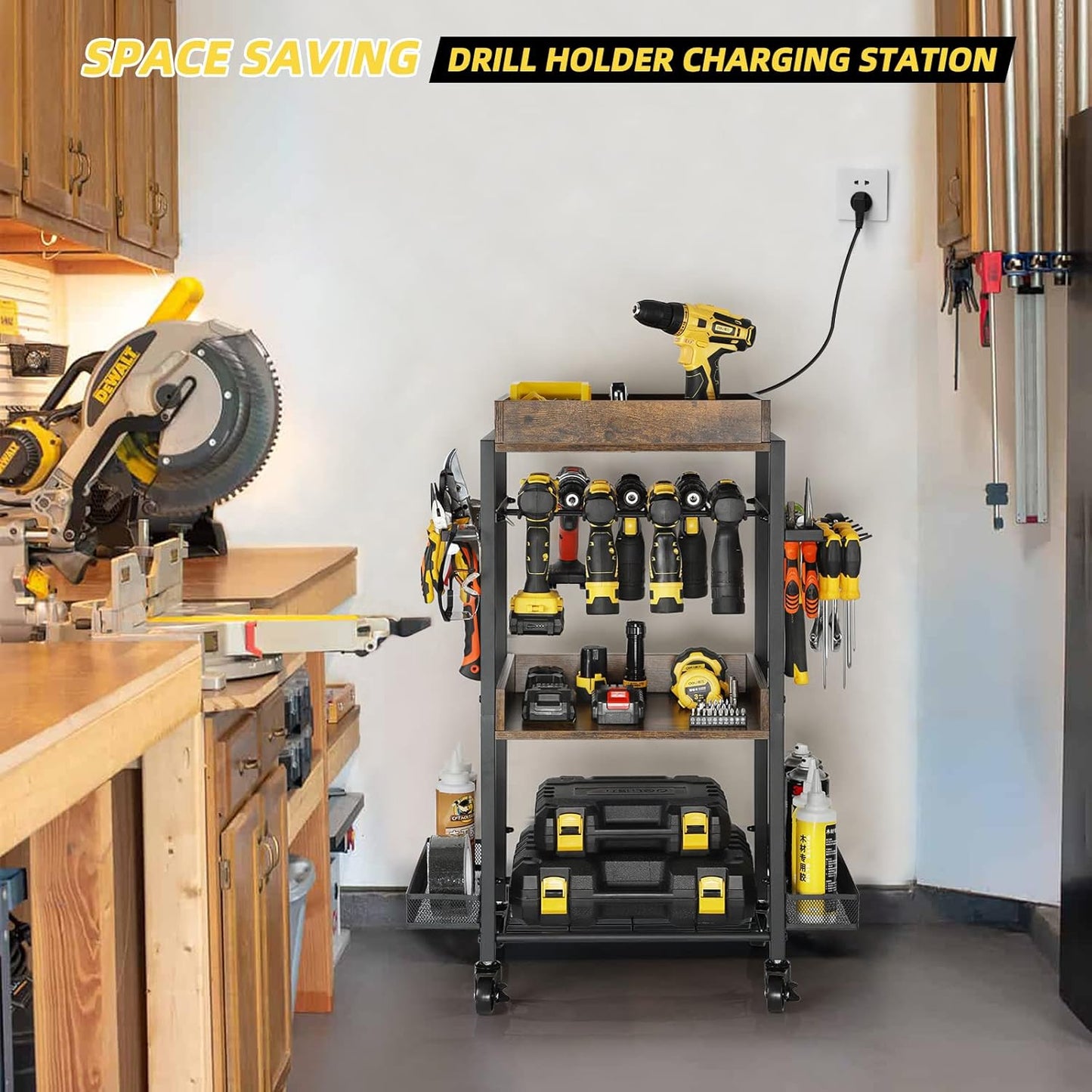 Power Tool Organizer Garage Storage Organization Shelving Tool Holder Drill Rack Shelf Rolling Cart Open Tool Chest Cabinet Box Organizer with Wheels Workshop Garage Gift Ideas for Men Dad