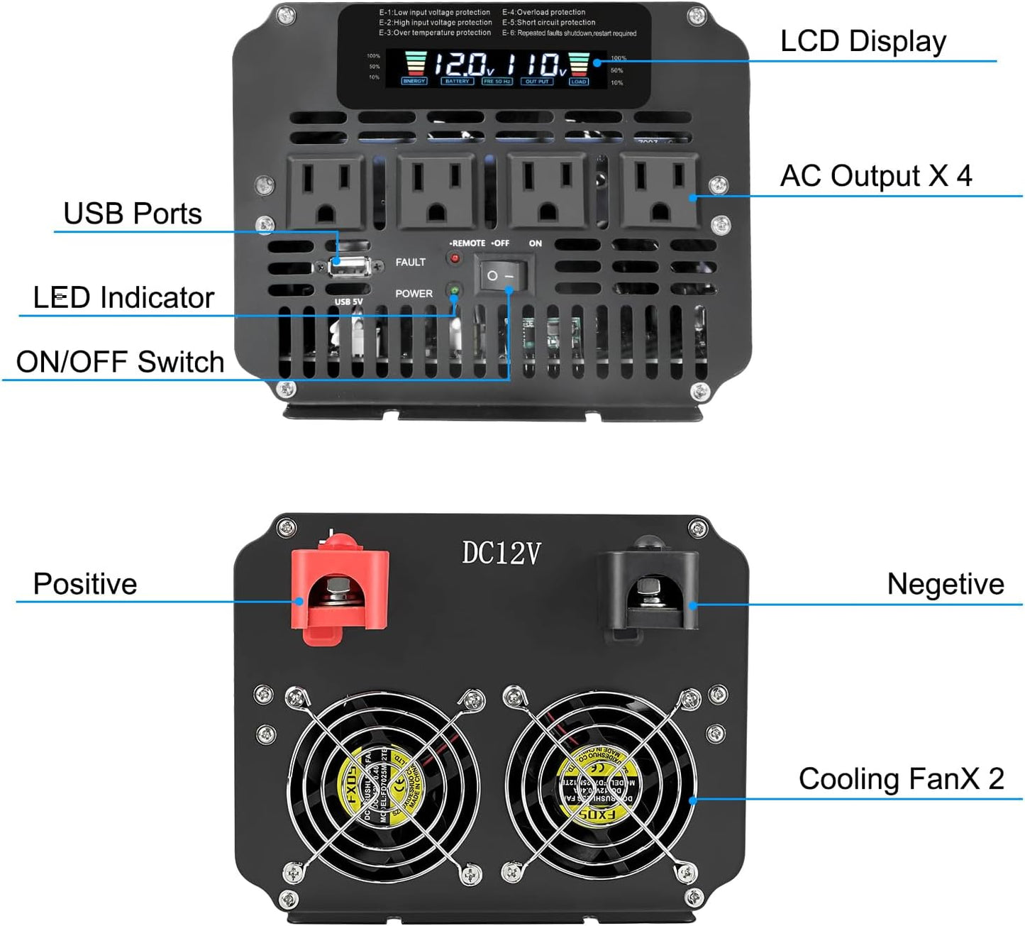 LVYUAN 3000 Watt Power Inverter 12V to 110V 120V for Vehicle, Solar Inverter System, Heavy Duty, RV, Truck, Off Grid,Camping with 4 AC Outlets, LCD Display, Wireless Remote Control, Car Power Inverter