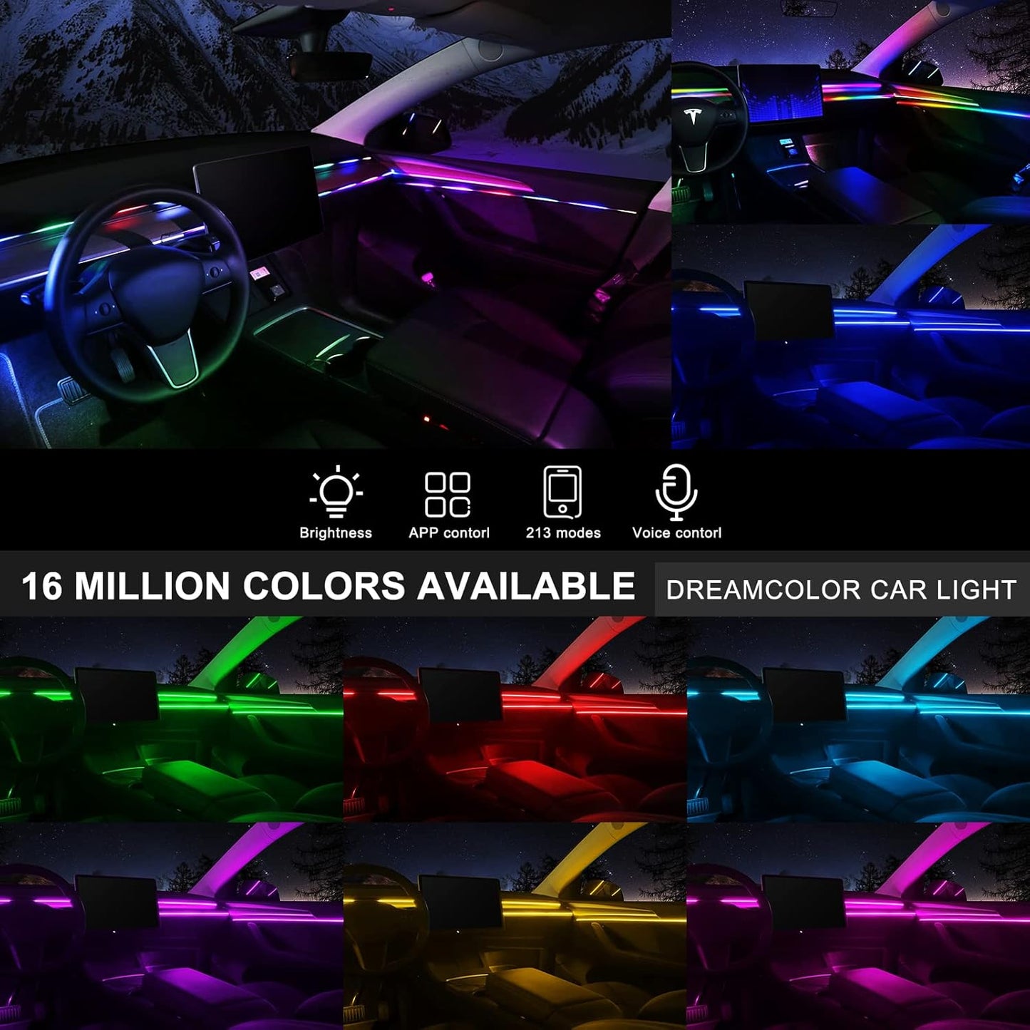 Dreamcolor Acrylic Interior Car LED Strip Light with Wireless APP, RGB 10 in 1 with 175 inches 593 LEDs Fiber Optic Ambient Lighting Kits, 16 Million Colors Sound Active Function Car Neon Lights