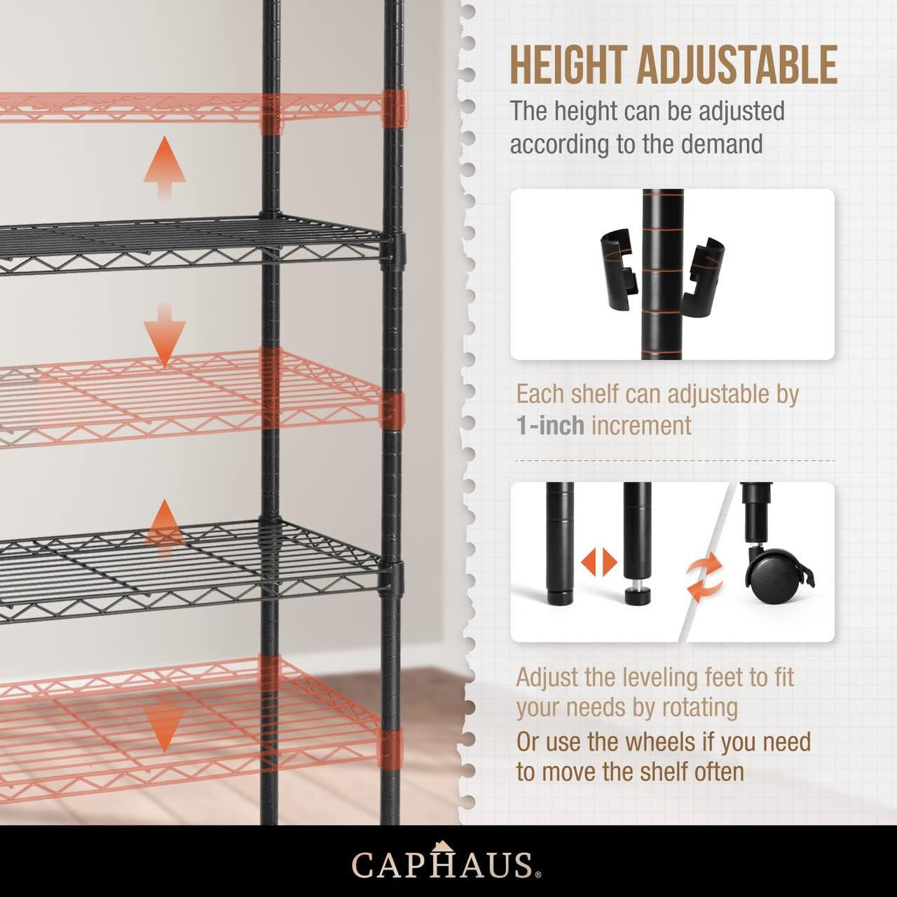CAPHAUS NSF Adjustable Height Wire Shelving Unit w/Liner, Basement Storage Shelving, Metal Steel Storage Shelves, Garage Shelving Storage Organizer, Utility Shelf, 4-Tier W/Wheels W/Liners, Black