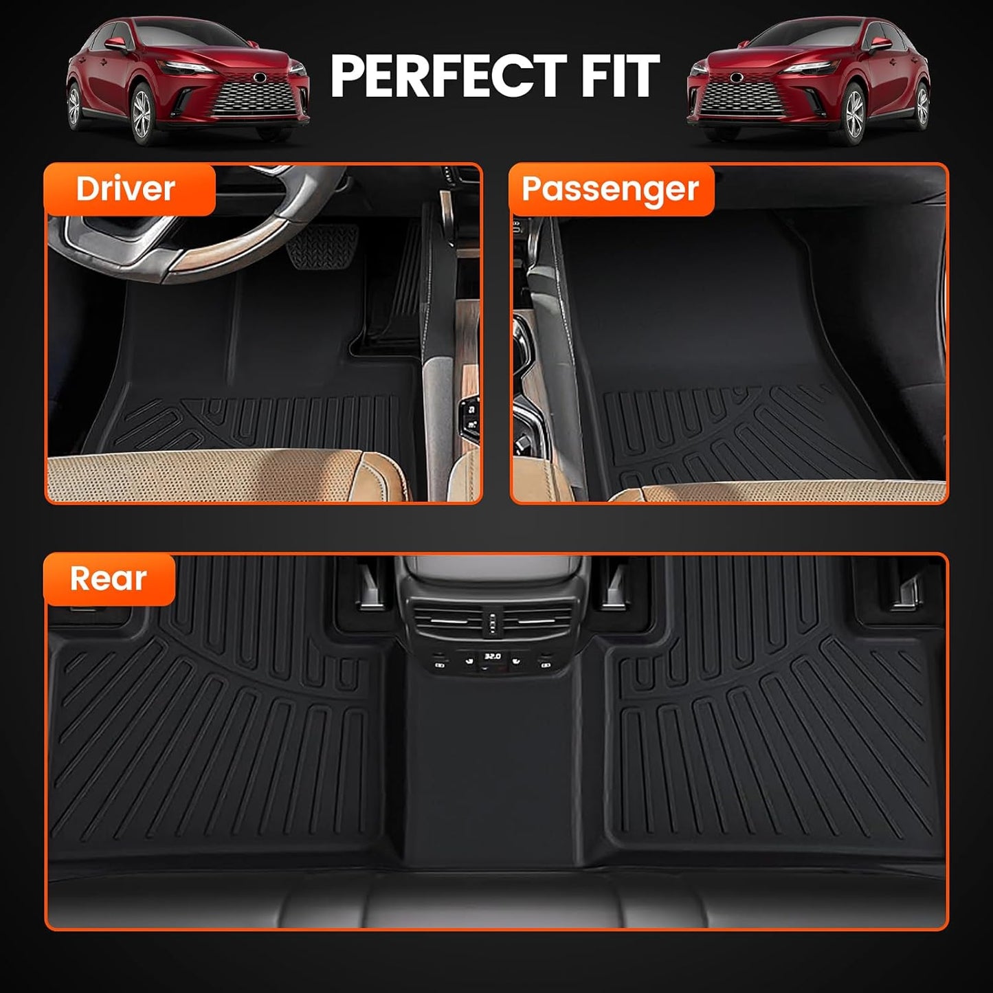 KMF Custom Fit Floor Mats for Lexus RX 2025 2024 2023 Accessories RX350 RX350h RX500h (NOT RX450h+ PHEV), All Weather TPE Waterproof Car Floor Liners,Front Rear 2 Row, Anti-Slip Deep Grooves Car Mats