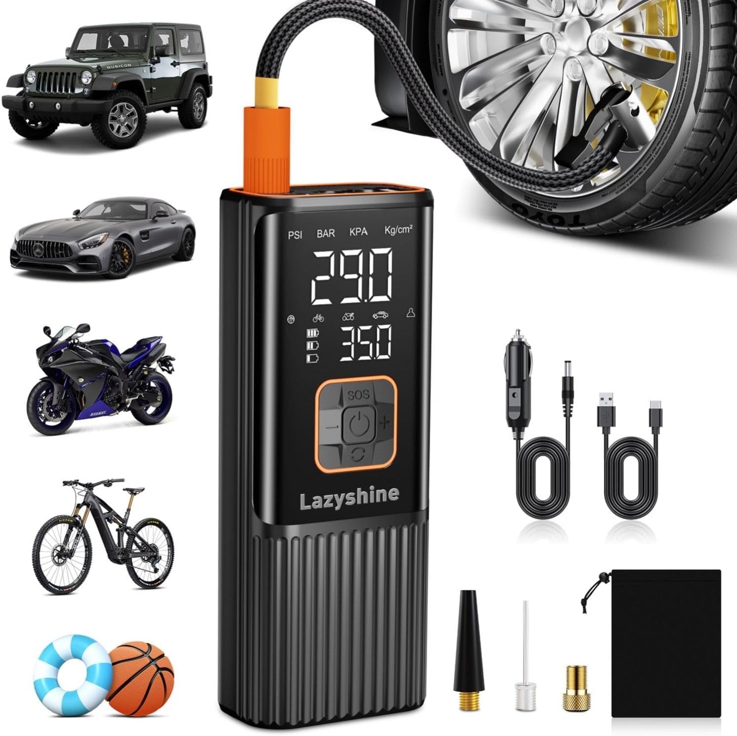 Tire Inflator Portable Air Compressor - Air Pump for Car Tires Dual Mode 9000mAh & 12V DC, 150PSI Electric Bike Tire Pump with Pressure Gauge for Bicycle Motorcycle Ball, Gifts for Car Owner