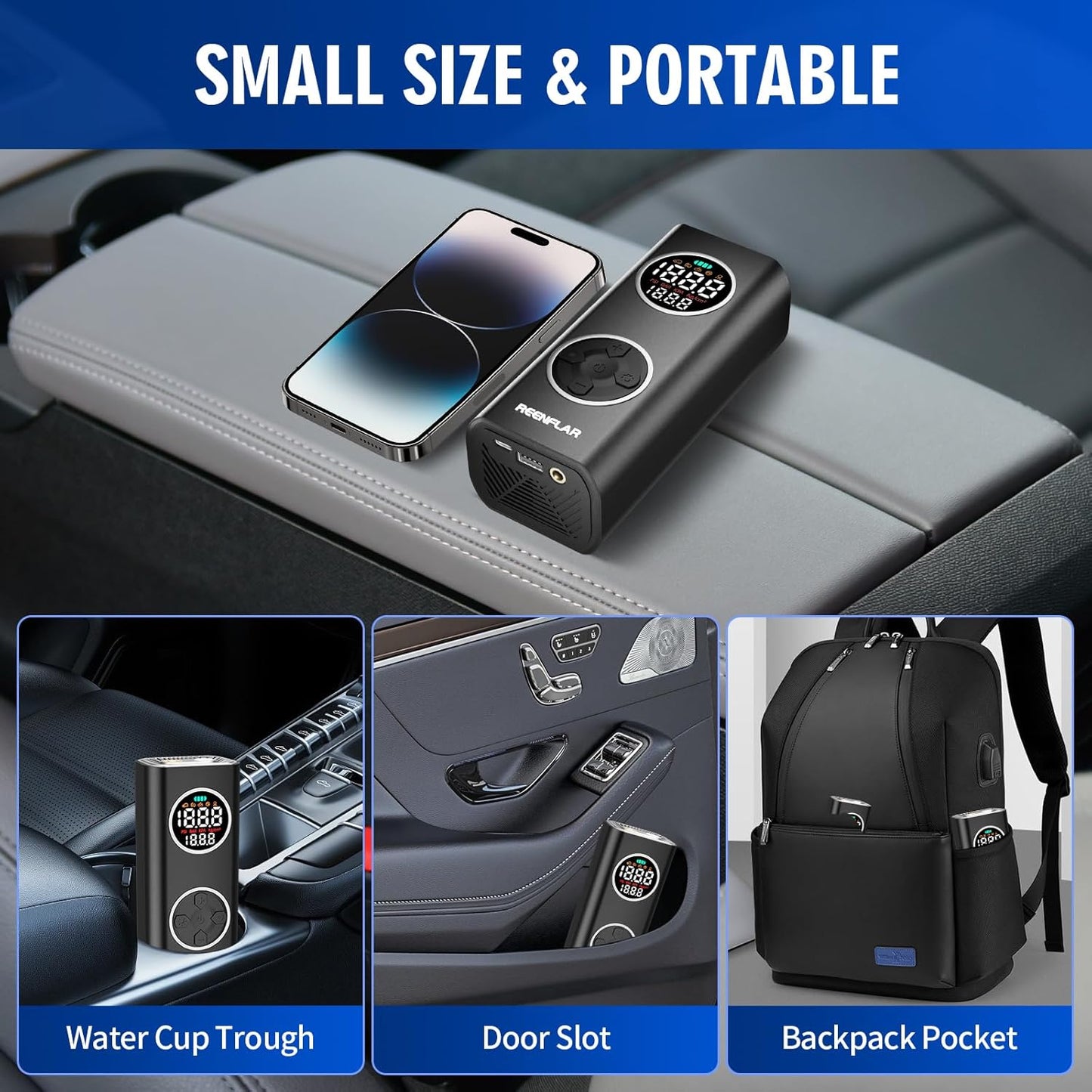 Cordless Tire Inflator with Dual Nozzle & Digital Gauge, 150PSI Portable Air Compressor for Car SUV Motorcycle Bike Tires, USB-C Rechargeable, Auto Shut Off, LED Light, 20000mAh 12V DC Power