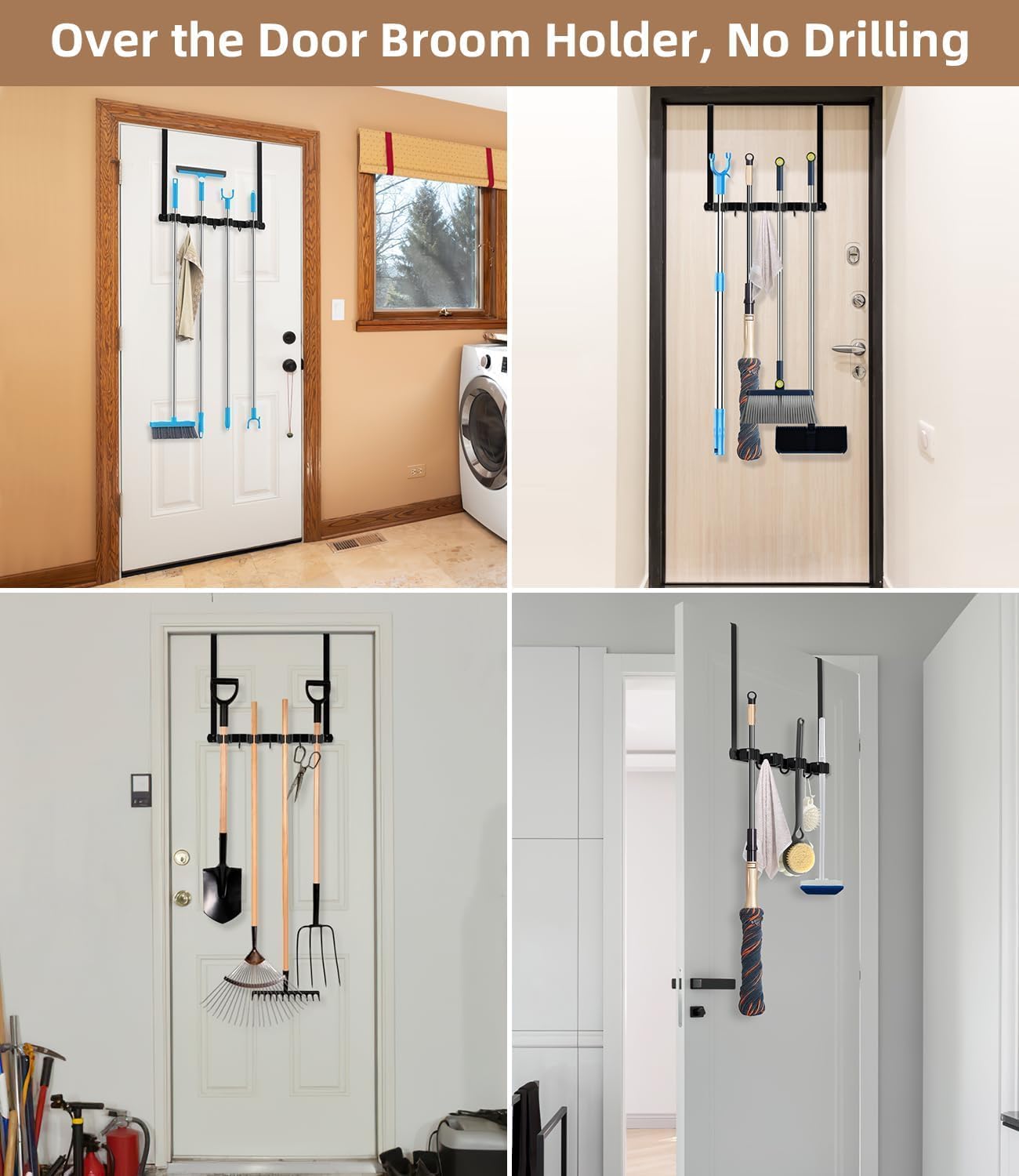 Broom Holder Over The Door 2Pack - 304 Stainless Steel Mop and Broom Hanger Wall Mounted or Hanging Over The Door with Hooks - Tool Organizer for Garage Closet Laundry Kitchen Decor