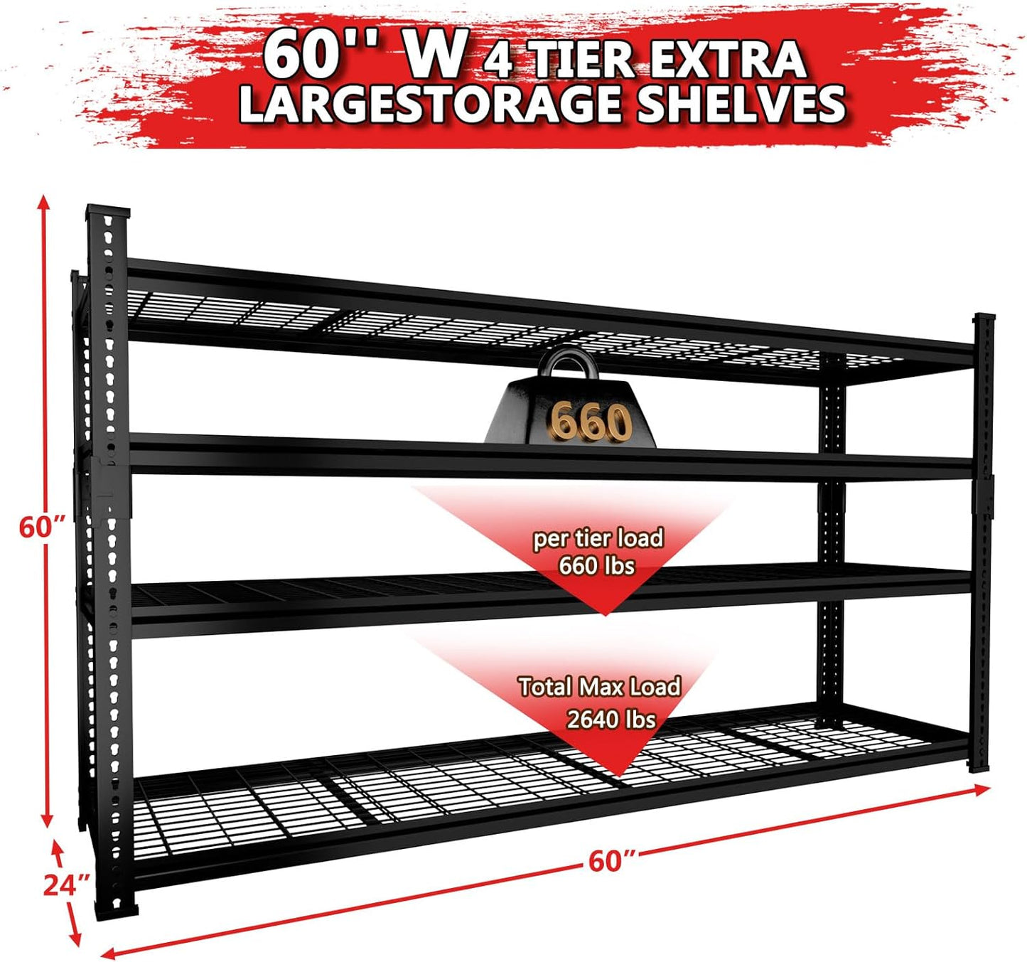 Storage Shelves 4PCS, Garage Shelving Heavy Duty 2640LBS Capacity, 60"L x 24"W x 60"H Adjustable Metal Shelving Organizer Wire Rack, 4 Tier Utility Shelf Unit for Pantry Closet Warehouse Organization