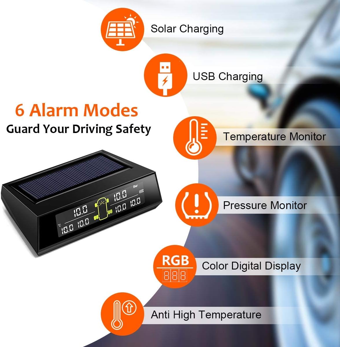 RV TPMS Tire Pressure Monitoring System, TS200 Solar Wireless TPMS with 6 Tire External Sensors Digital LCD Display RV Auto Security Alarm for Car RV Trailer Truck Tow Motorhome