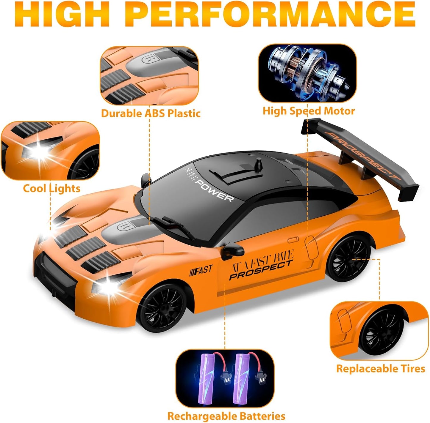 RC Drift Car 1/24 2.4GHz Remote Control Car 4WD High Speed Drifting RC Cars with LED Light, Two Batteries and Drift Tires Racing Toy Cars for Boys Girls Kids Adults (Orange)