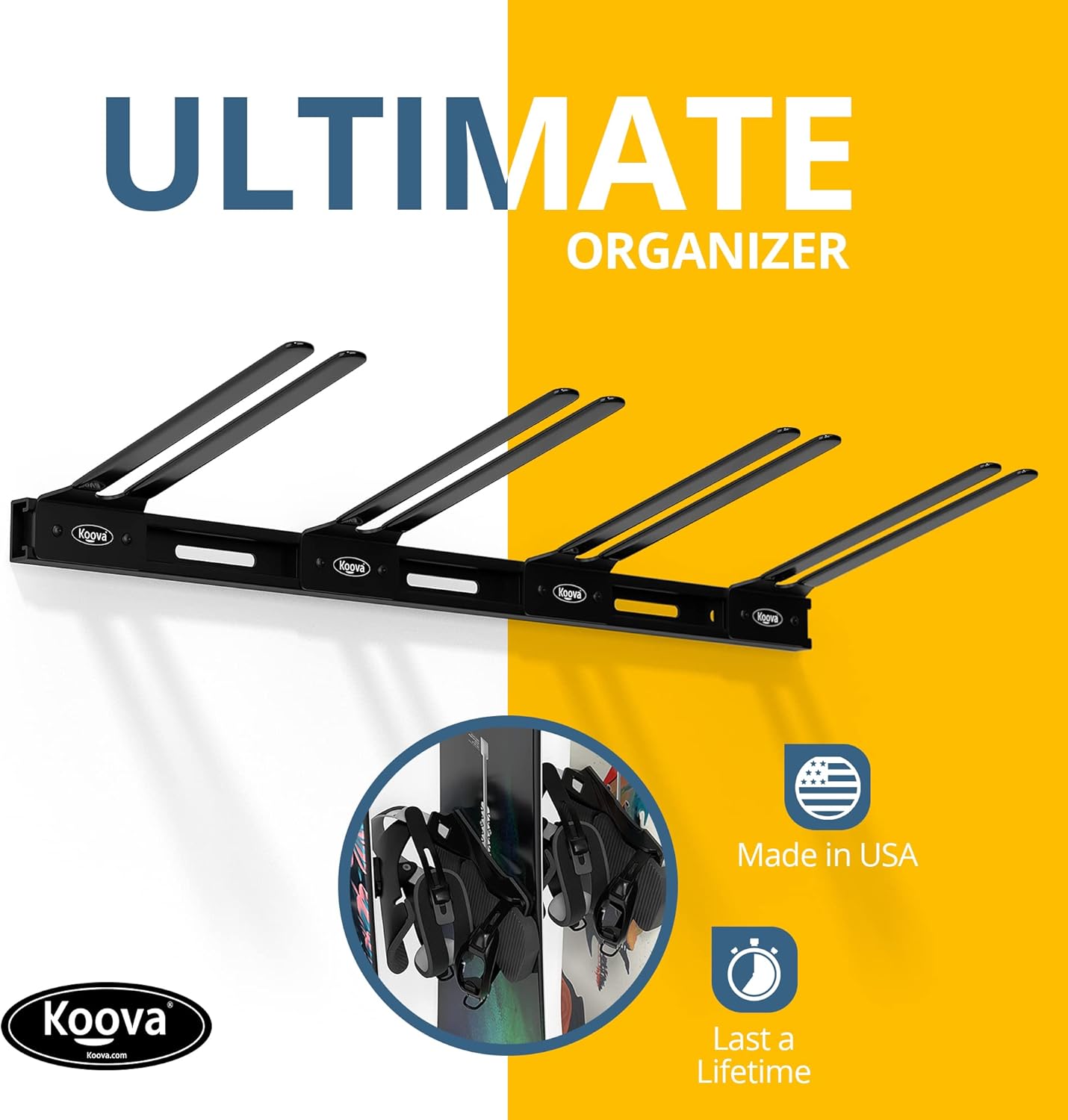 Koova Snowboard Wall Mount Rack Holder | Garage Snowboard Storage Organizer | Heavy Duty Powder Coated Steel Frame w/Rubber Arms