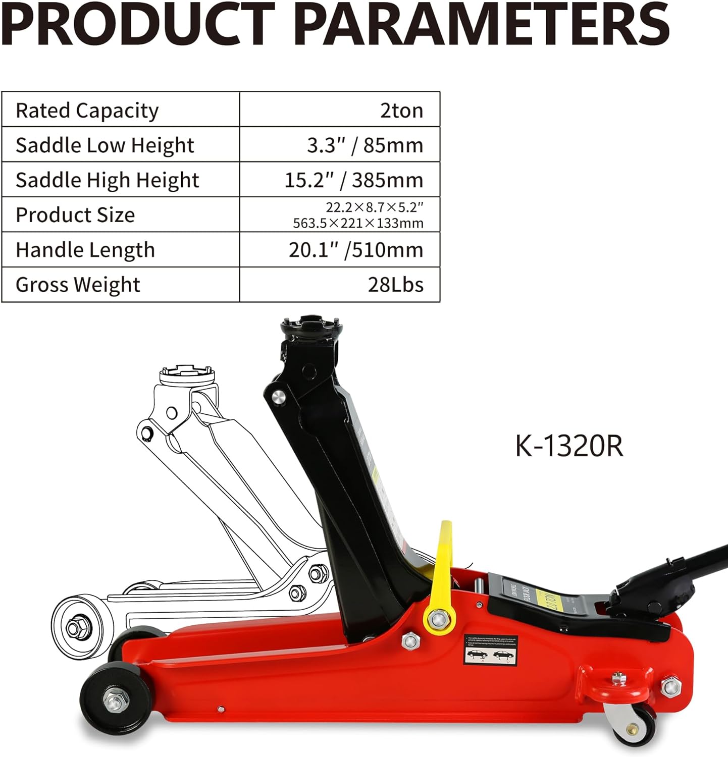 5 Piece Car Truck Floor Jack Service, Hydraulic Trolley Floor Jack & Jack Stands & Tire Repair Kit & L-Wrench for Garage, Repair Shop, DIY, Lift Range 3.3"-15.2", 2 Ton/4000 LBS Capacity, Red