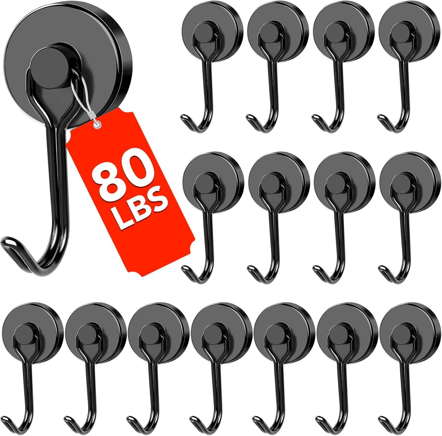 DIYMAG Black Magnetic Hooks, 80LBS Strong Magnetics Heavy Duty, Magnet Hook with Metal Hanger for Hanging Refrigerator Home Kitchen Office, 16Pack