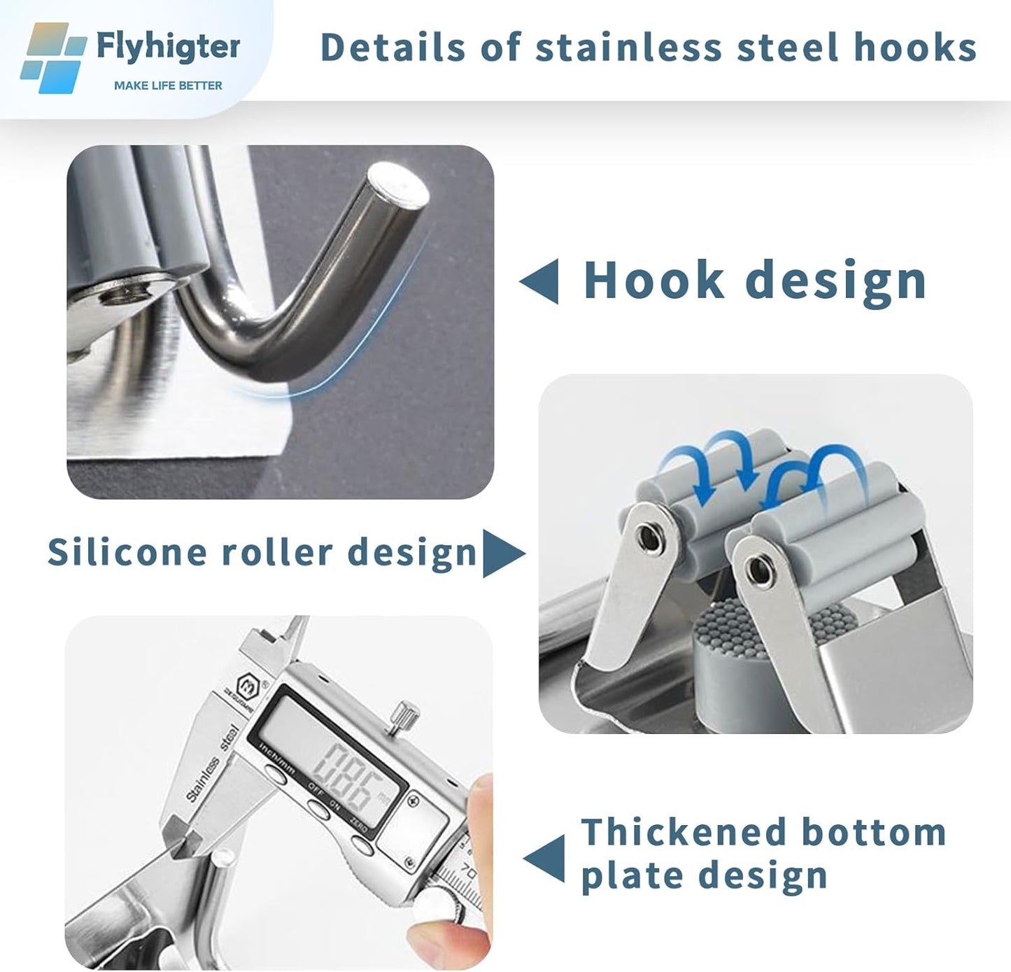 Stainless Steel Mop Holder Wall Mount – 4 Pack Heavy-Duty Broom Organizer with Strong Grip, Adhesive or Nail-Free Glue Installation for Bathroom, Kitchen, Garage