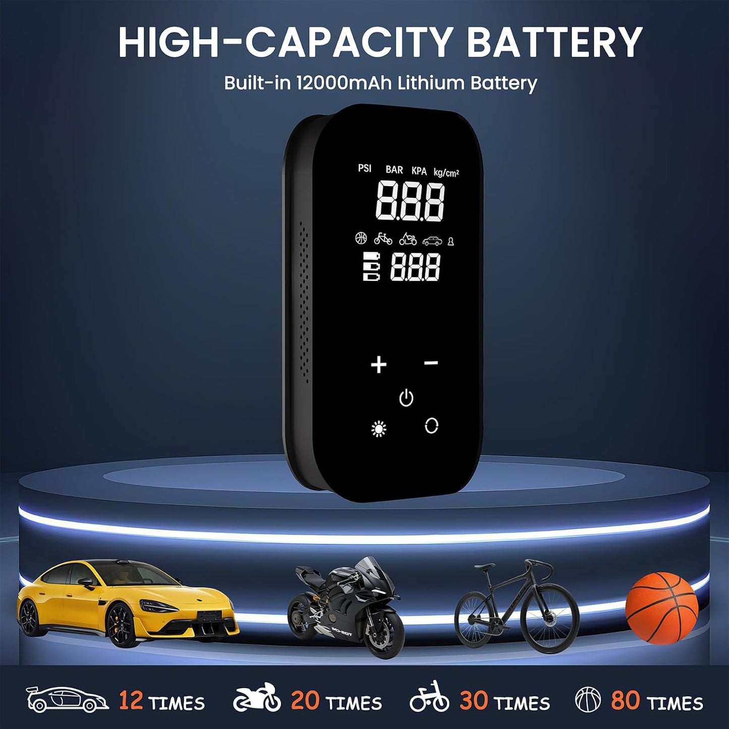 Tire Inflator Portable Air Compressor, 6X Faster 150 PSI 12000mAh Battery Air Compressor, Dual Digital Display Air Pump with Lighting - Portable Tire Inflator for Car, Bicycle, Auto Shut-Off