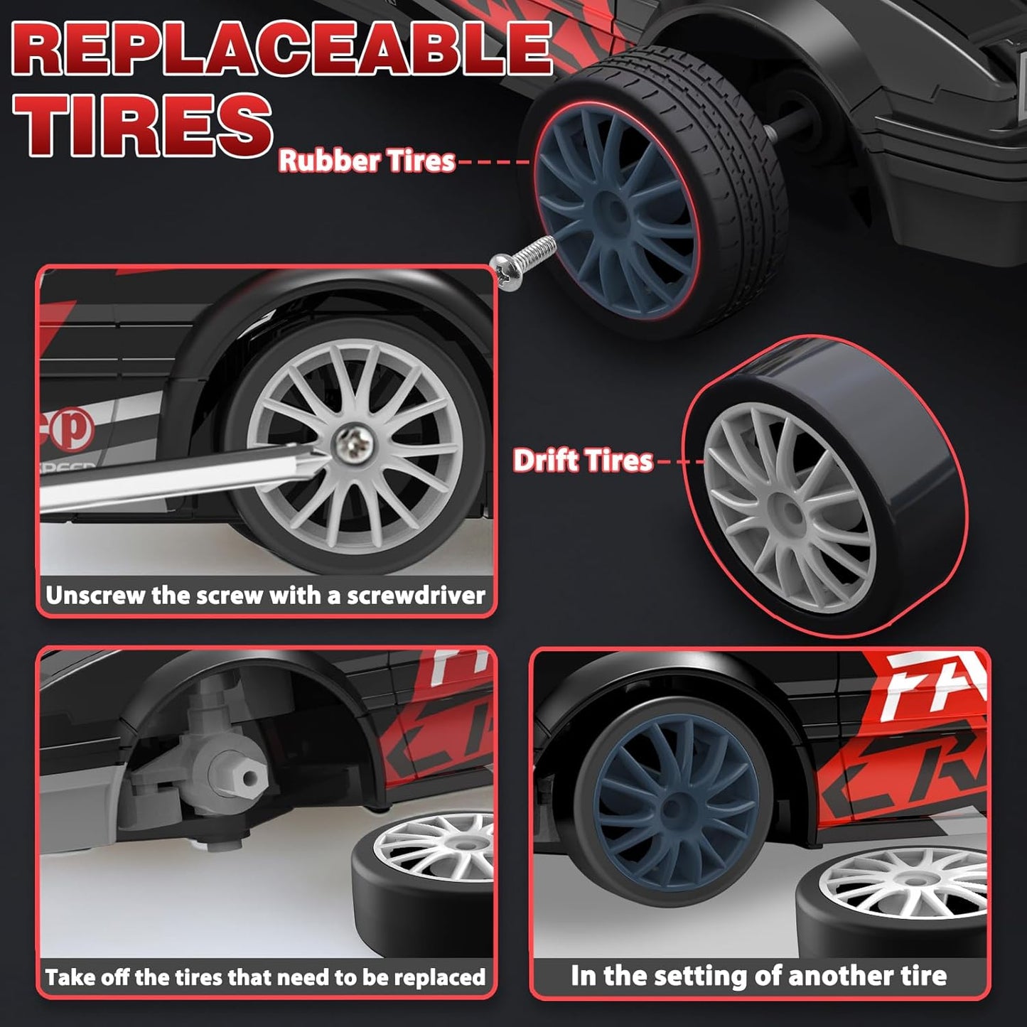 Remote Control Car 1/24 2.4GHz 4WD RC Drift Car, High Speed Drifting RC Cars with Cool Lights, Two Batteries and Extra Tires Toy Cars for Kids Boys Girls Adults, Black