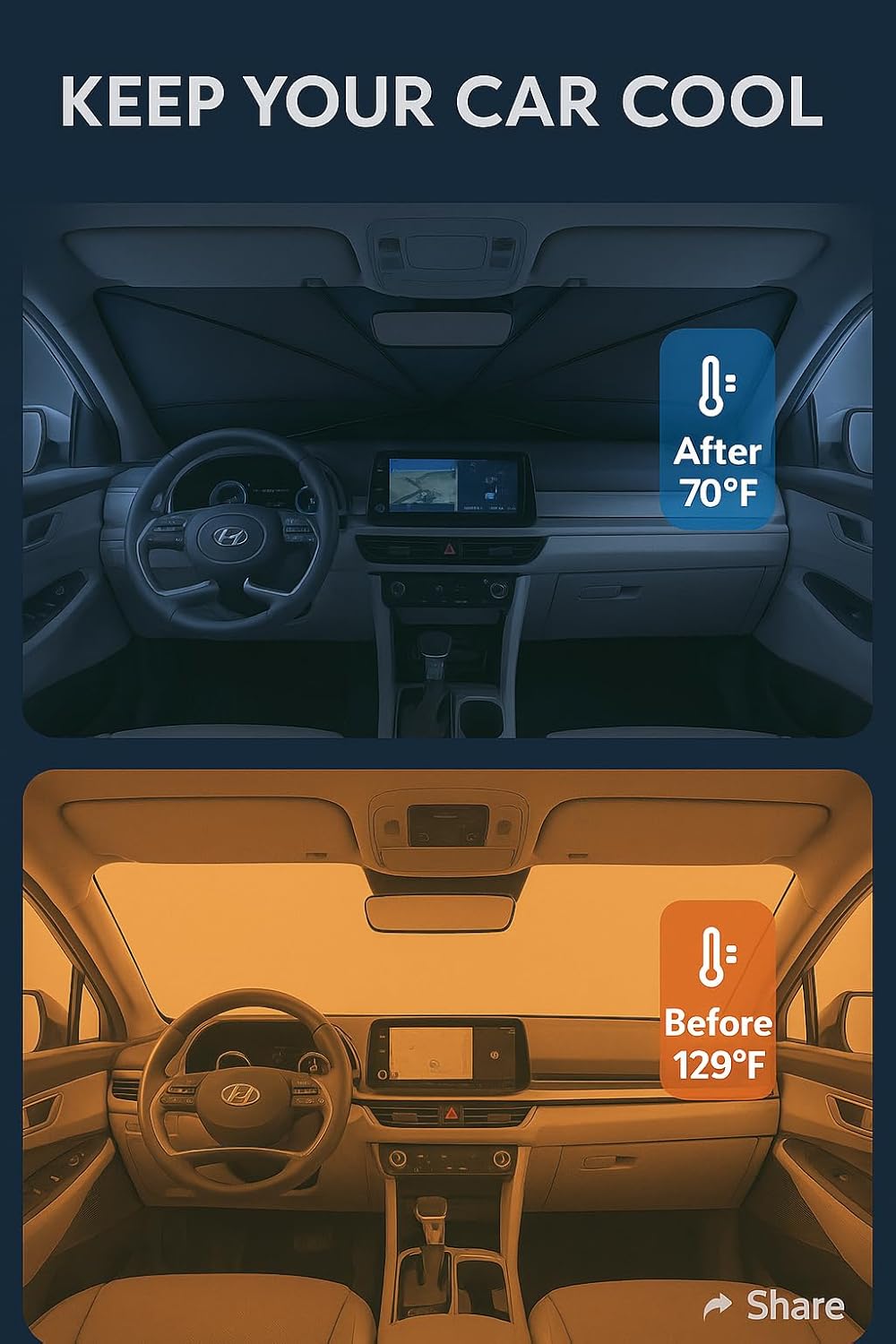 Proadsy Windshield Sun Shade Umbrella for Hyundai Tucson 2022-2025 2026 Foldable Car Umbrella Sunshade with Soft TPU Handle Spring Structure Crystal Cooling Material Protect Car from Rays & Heat