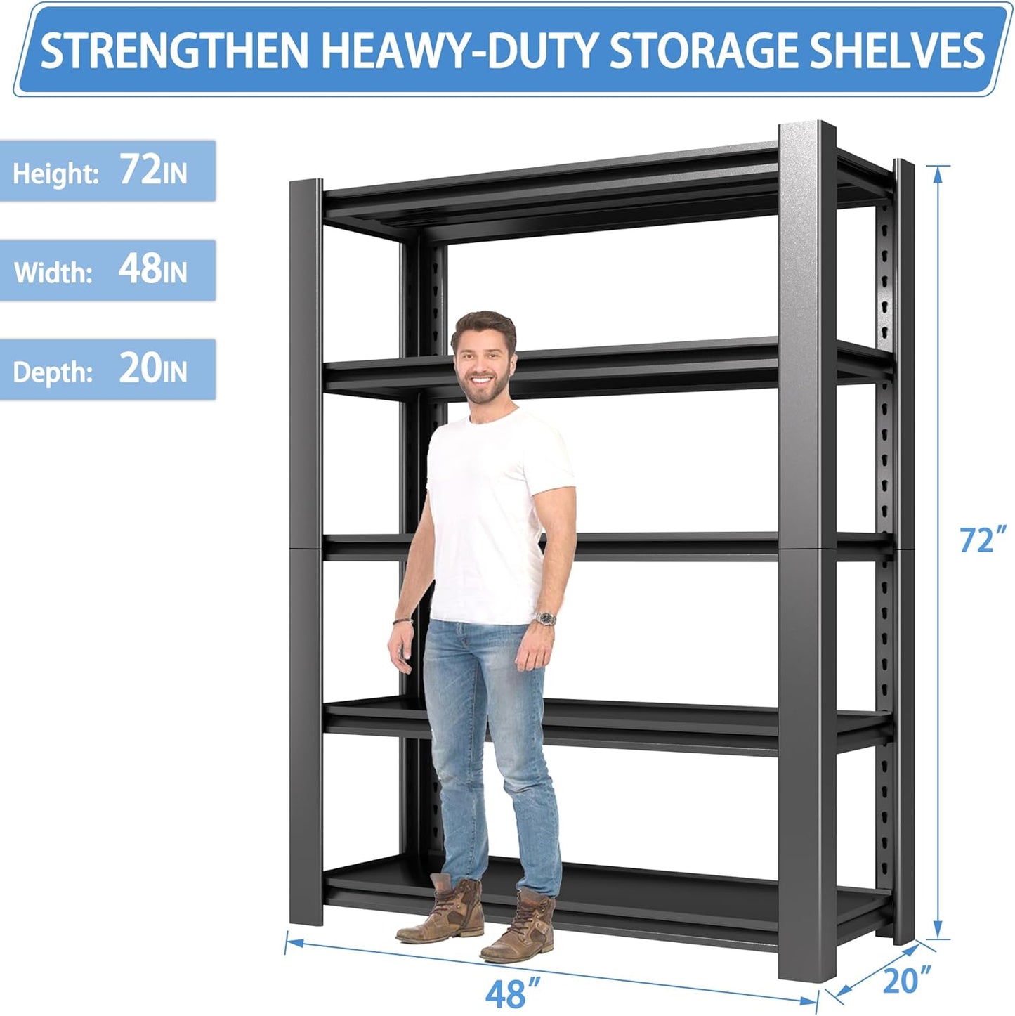 5-Tier Heavy Duty Garage Shelving Unit, 3000 LBS Capacity Metal Storage Rack 72" H x 48" W x 20" D, Adjustable Steel Shelves for Garage, Warehouse, Basement, Pantry, Workshop.2 Pack