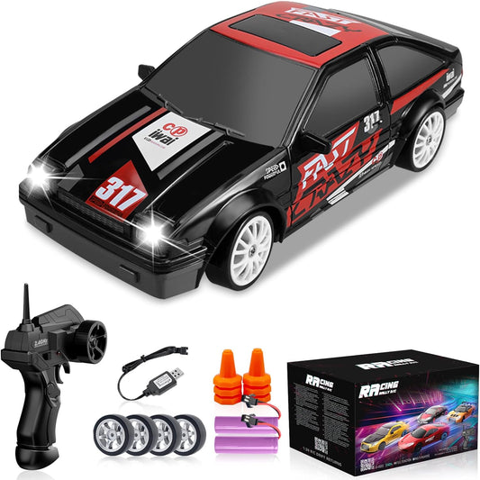 Remote Control Car 1/24 2.4GHz 4WD RC Drift Car, High Speed Drifting RC Cars with Cool Lights, Two Batteries and Extra Tires Toy Cars for Kids Boys Girls Adults, Black