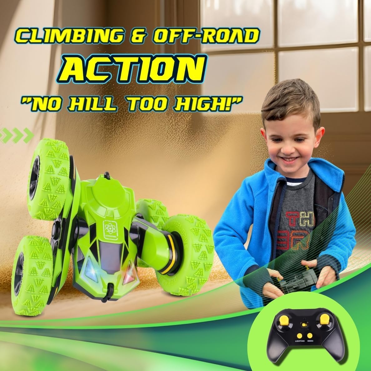 RC Stunt Car, Remote Control Double-Sided Driving 360° Flips & Rotations, Rechargeable Lithium Batteries, Color-Changing Lights, for Kids Ages 6-12, Green