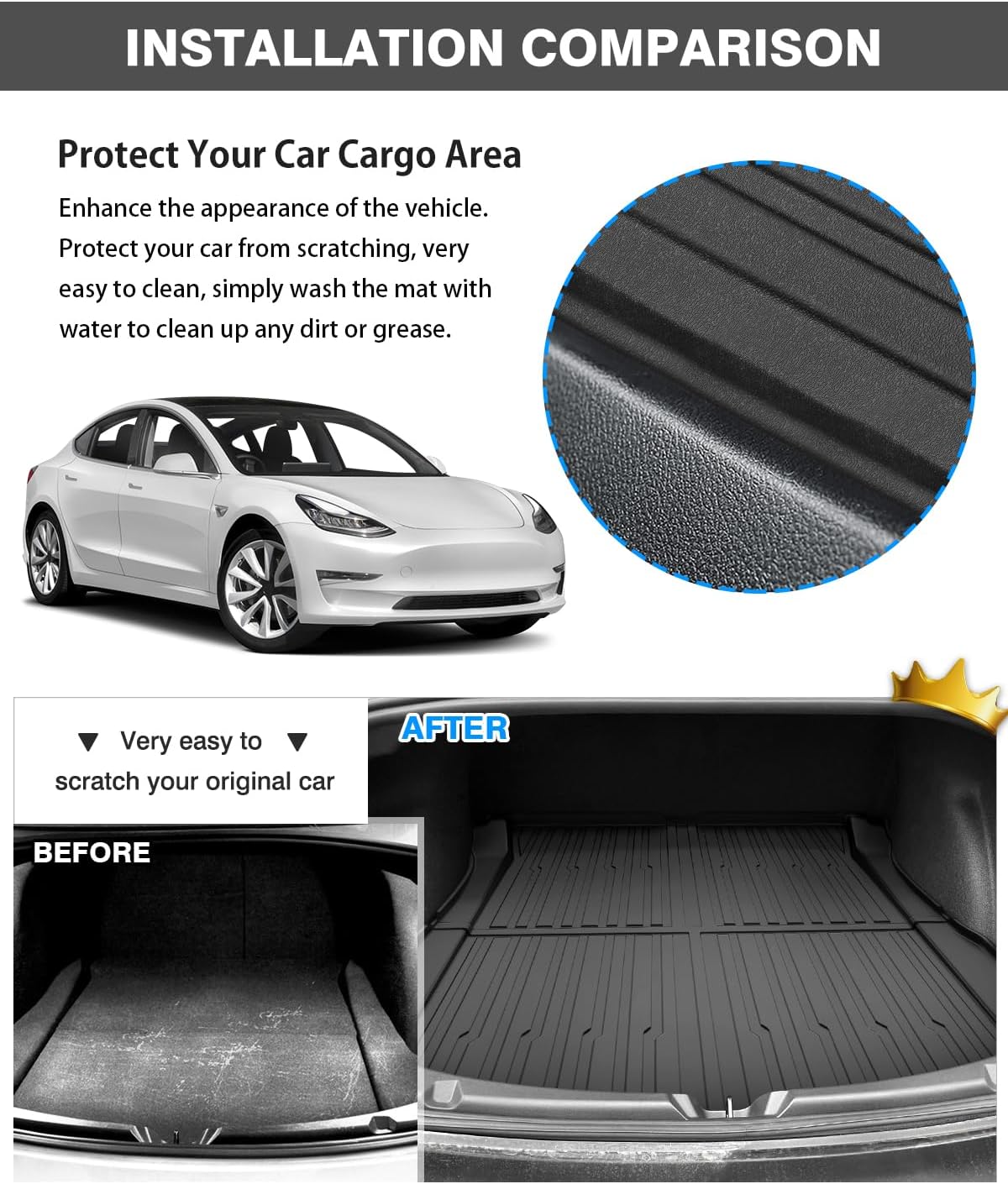 Powerty Floor Mats & Cargo Liner for 2024 2025 Tesla Model 3 Highland Accessories Cargo Mat& Front Storage Mat& Rear Storage Mat All Weather TPE 3D Floor Liners 2 Row Liner Set(6 PCS)