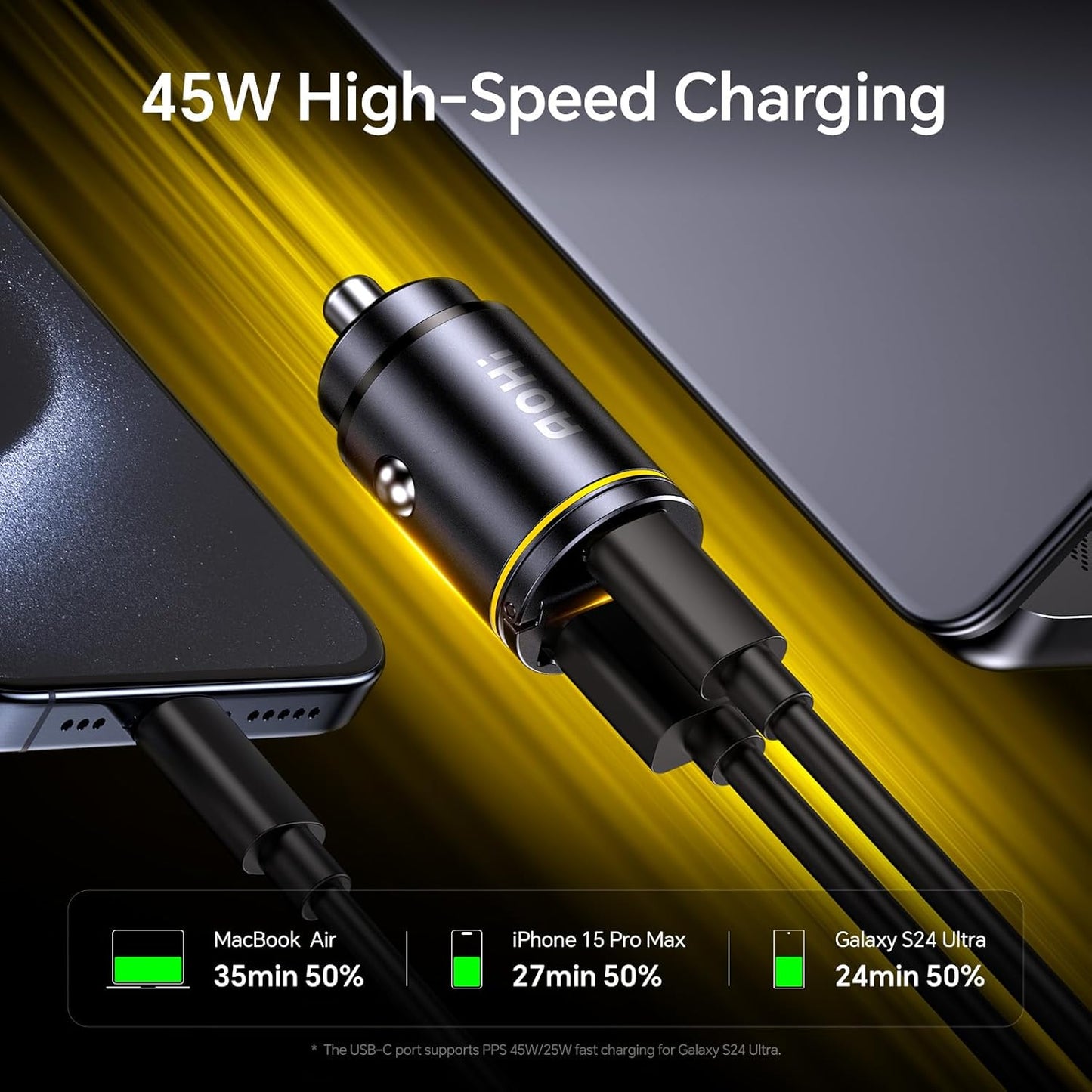AOHI USB C Car Charger, PD 45W&QC 30W 2 Port Type-C Fast Charging Car Charger Lighter for MacBook Pro/Air, iPhone 16/15/14/13 Series, Galaxy S24 / S23, iPad Pro, AirPods and More