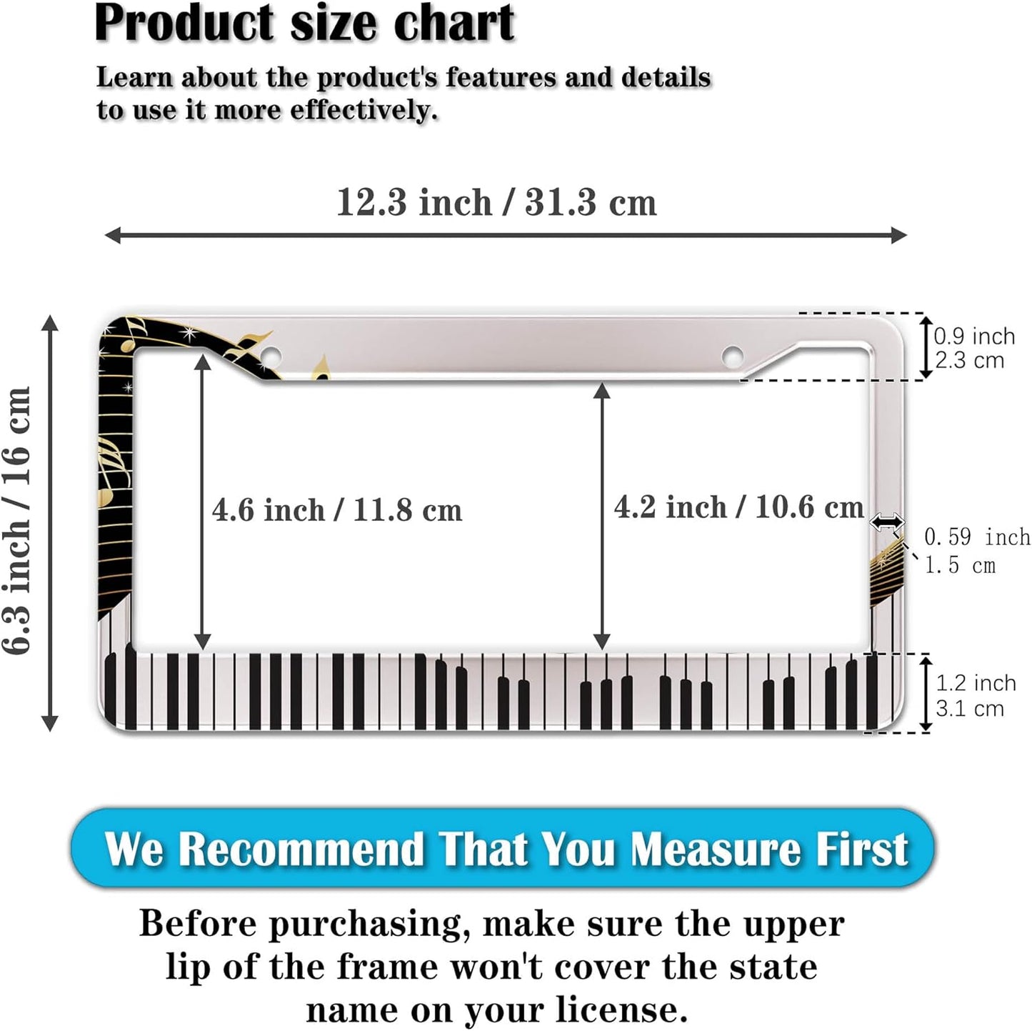 License Plate Bracket Black and White License Plate Frames Beautiful Piano Keys Music Notes Aluminum Metal Car Accessory 2 Pack with Screw Covers Set