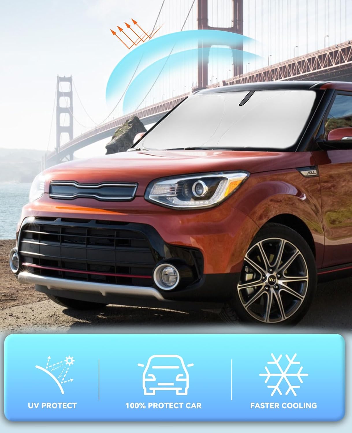 Windshield Sun Shade Car Sunshade for Kia Soul 2014-2024 2025 2026 Accessories Windshield Sun Visor Cover for Soul Front Window Shield 240T Silver Coating Reflective Polyester Protector Block UV Ray