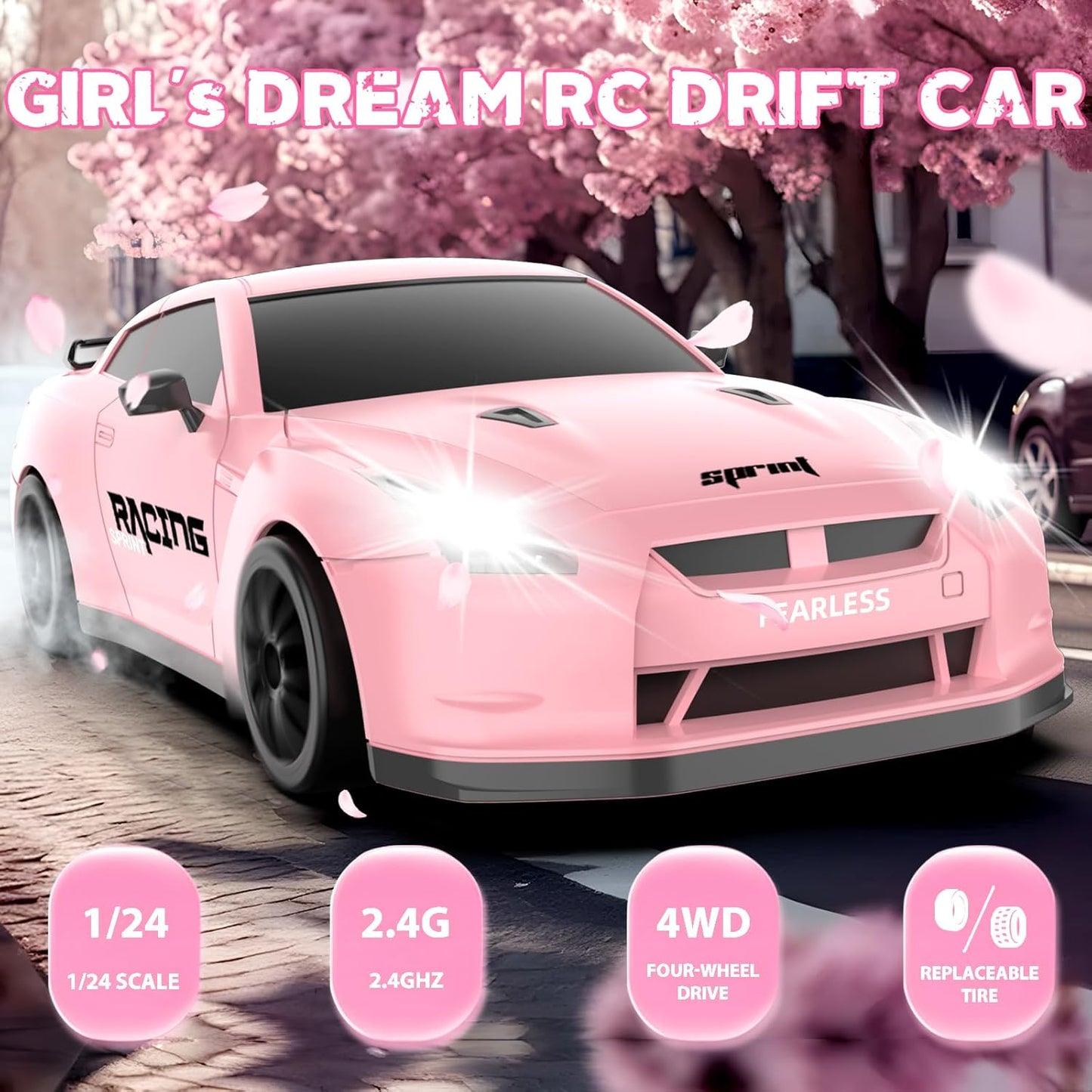 RC Drift Car, 1/24 Pink Remote Control Car for Girls, 2.4GHz 4WD High Speed Drifting RC Cars with LED Light and Drift Tires, Racing Toy Cars for Kids Adults Girl Boys, Pink
