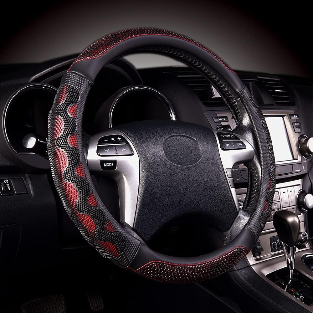 Flying Banner car Steering Wheel Cover Faux Leather Massage Universal fit 3D Honeycomb Hole Anti-Slip Sporty 15 Inches (Red with Black)