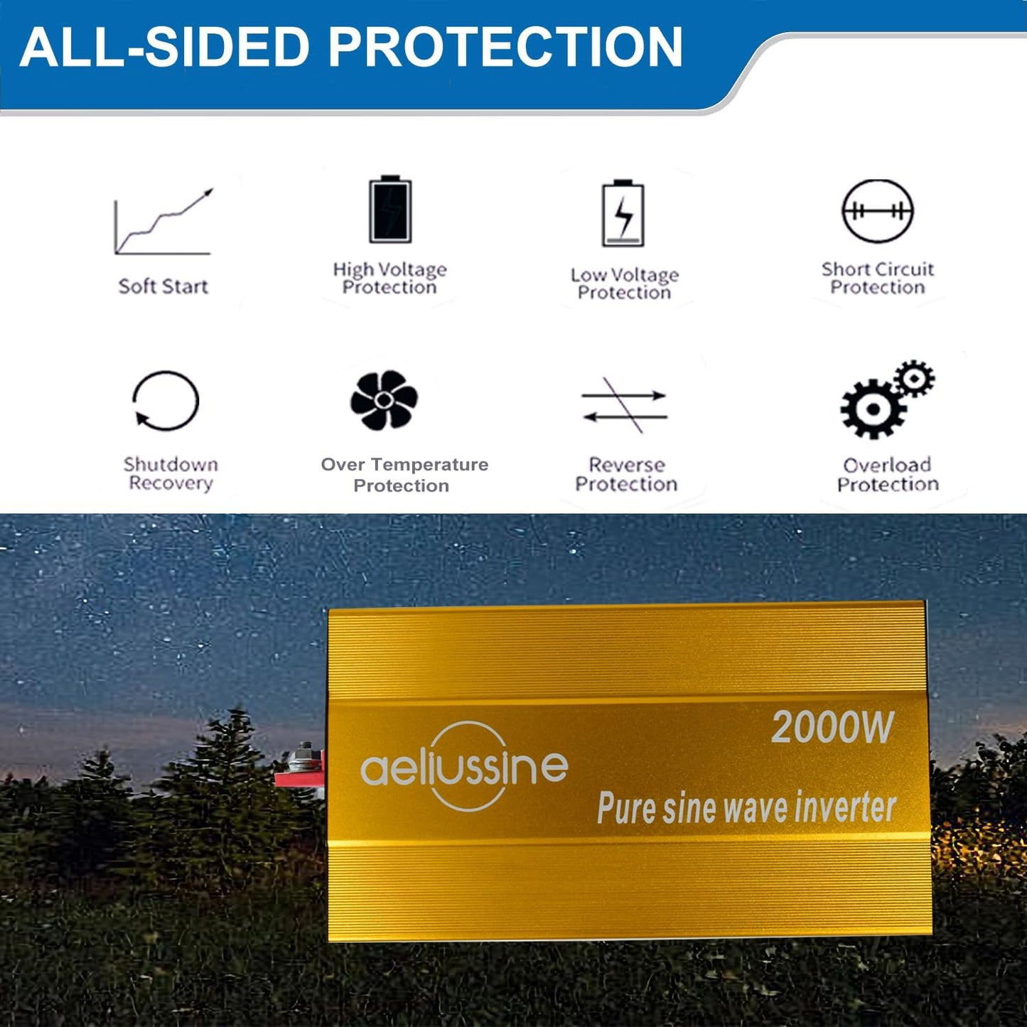 2000W Pure Sine Wave Inverter-36V DC to 110V 120V AC Power Converter with 2 AC Outlets, 36 Volt Power Inverter for Truck, Rv, Camping, Home, Emergency Power