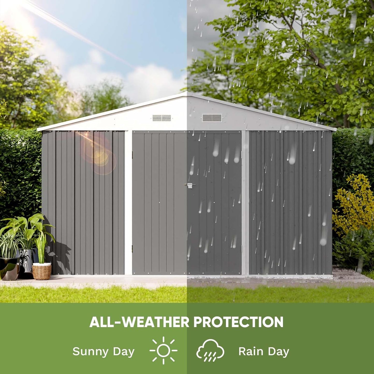 Patiowell 10 x 8 FT Outdoor Storage Shed with Floor Frame, Large Garden Tool Metal Shed with Sloping Roof and Double Lockable Door for Backyard Garden Patio Lawn,Grey