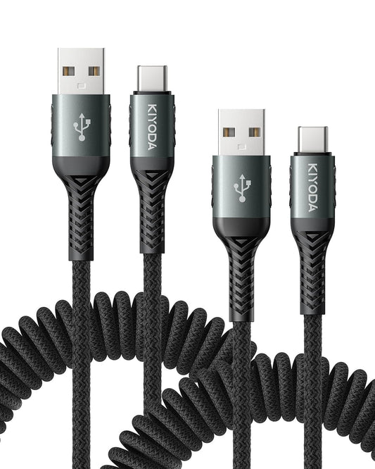 USB C Cable Coiled 6FT 2Pack, Braided USB A to Type C Charger Cable for Car 66W Fast Charging Cord Compatible with iPhone 16 15, iPad, Samsung Galaxy, Google Pixel, Moto, TCL, LG Phones