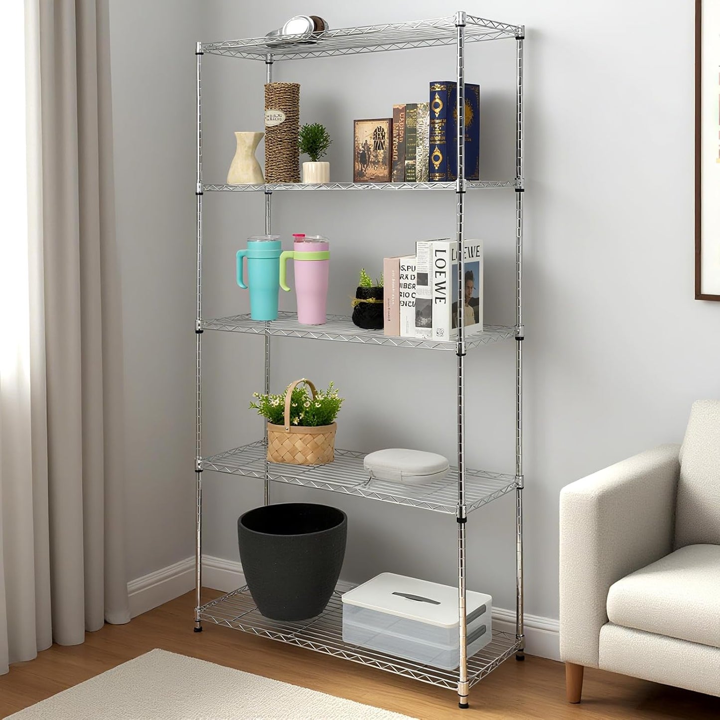 Heavy-Duty Chrome Steel Wire Shelving NSF Certified. Adjustable Storage Rack for Kitchen,Garage,and Laundry Utility Room (Chrome-5Tiers-36x14x72)
