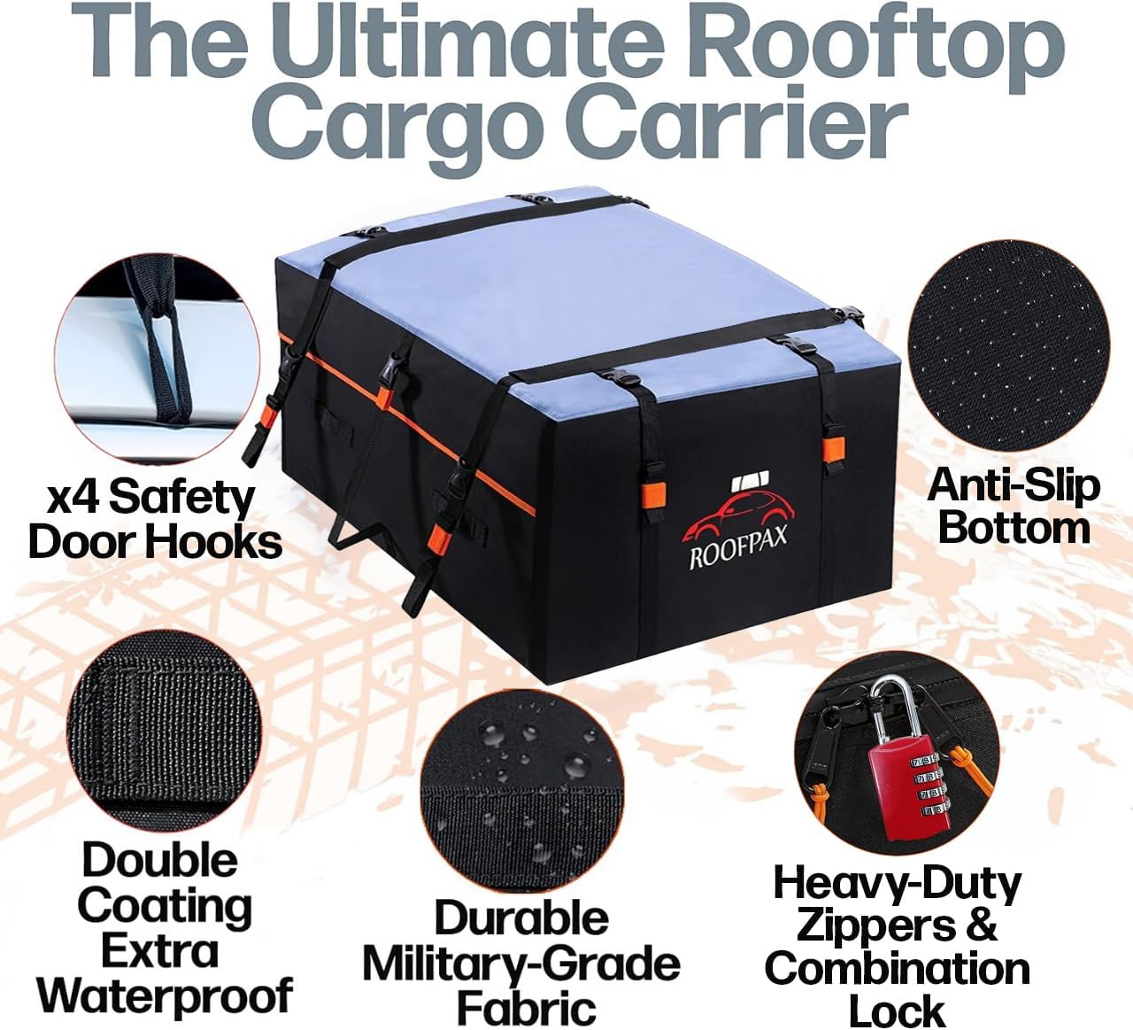 RoofPax 23 cft. Extra Waterproof Rooftop Cargo Carrier Bag, Double Weatherproof Zippers,10 Heavy-Duty Tie-Down Straps fit Cars with/Without a Rack or Side Rails, Safety Hooks Included