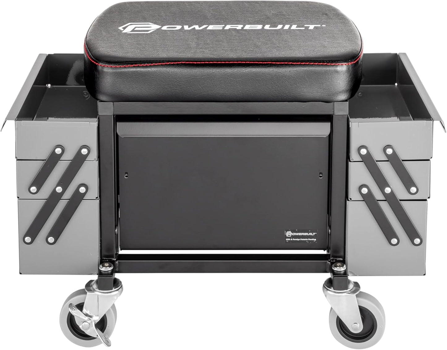 Powerbuilt Rolling Seat with Expandable Tool Trays, Roller Toolbox Garage Stool - Grey 941918ECE