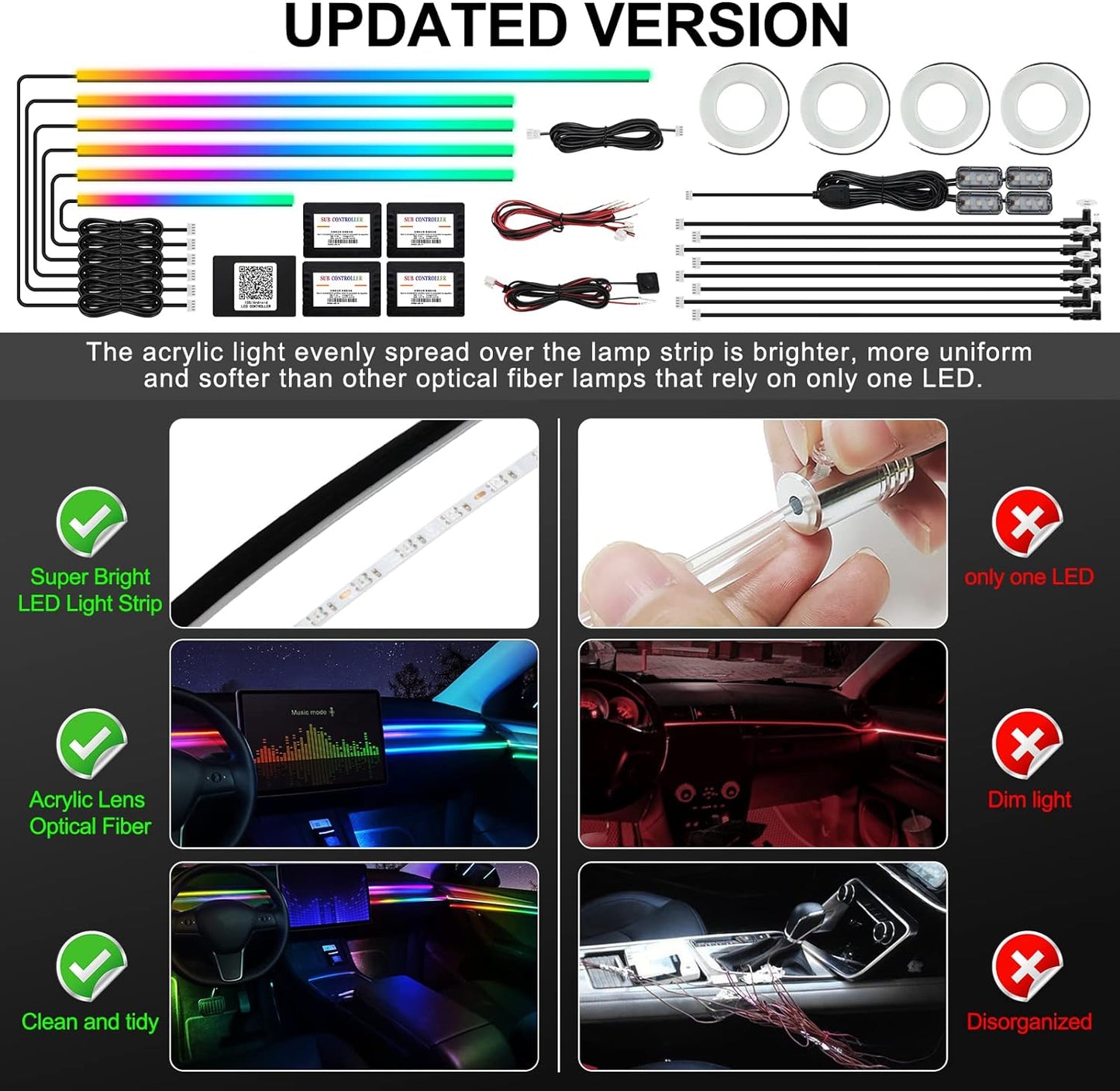 Dreamcolor Acrylic Interior Car LED Strip Light with Wireless APP, RGB 22 in 1 with 175 inches 593 LEDs Fiber Optic Ambient Lighting Kits, 16 Million Colors Sound Active Function Car Neon Lights