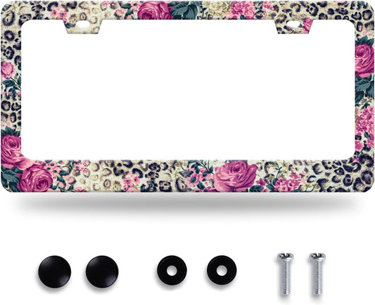 Rose Leopard Print License Plate Frame Vintage Floral License Plate Stainless Steel Funny License Plate Holder Cheetah Car Accessories Decoration with Screws Fits Standard Vehicles Size 12.3" x 6.3"