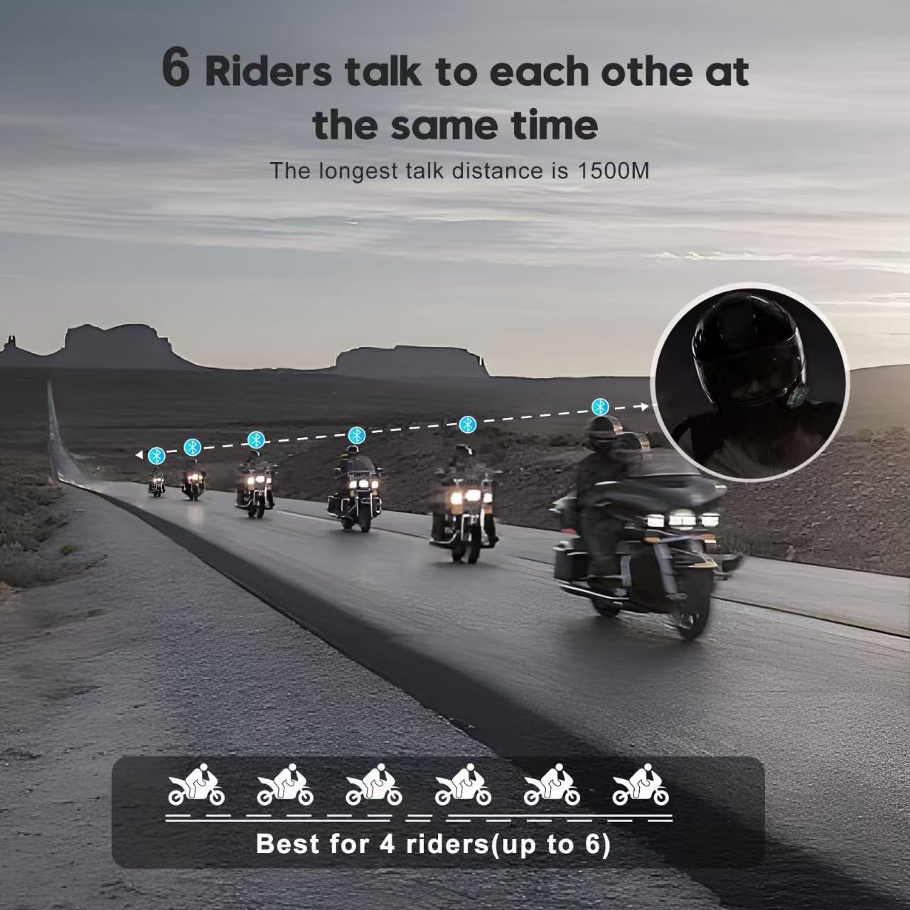 Q4 Motorcycle Bluetooth Communication System Headset Intercom, 4 Riders 1500m Music Sharing, FM, Noise Cancellation, IP65 Waterproof, Dual Pack (Q4)