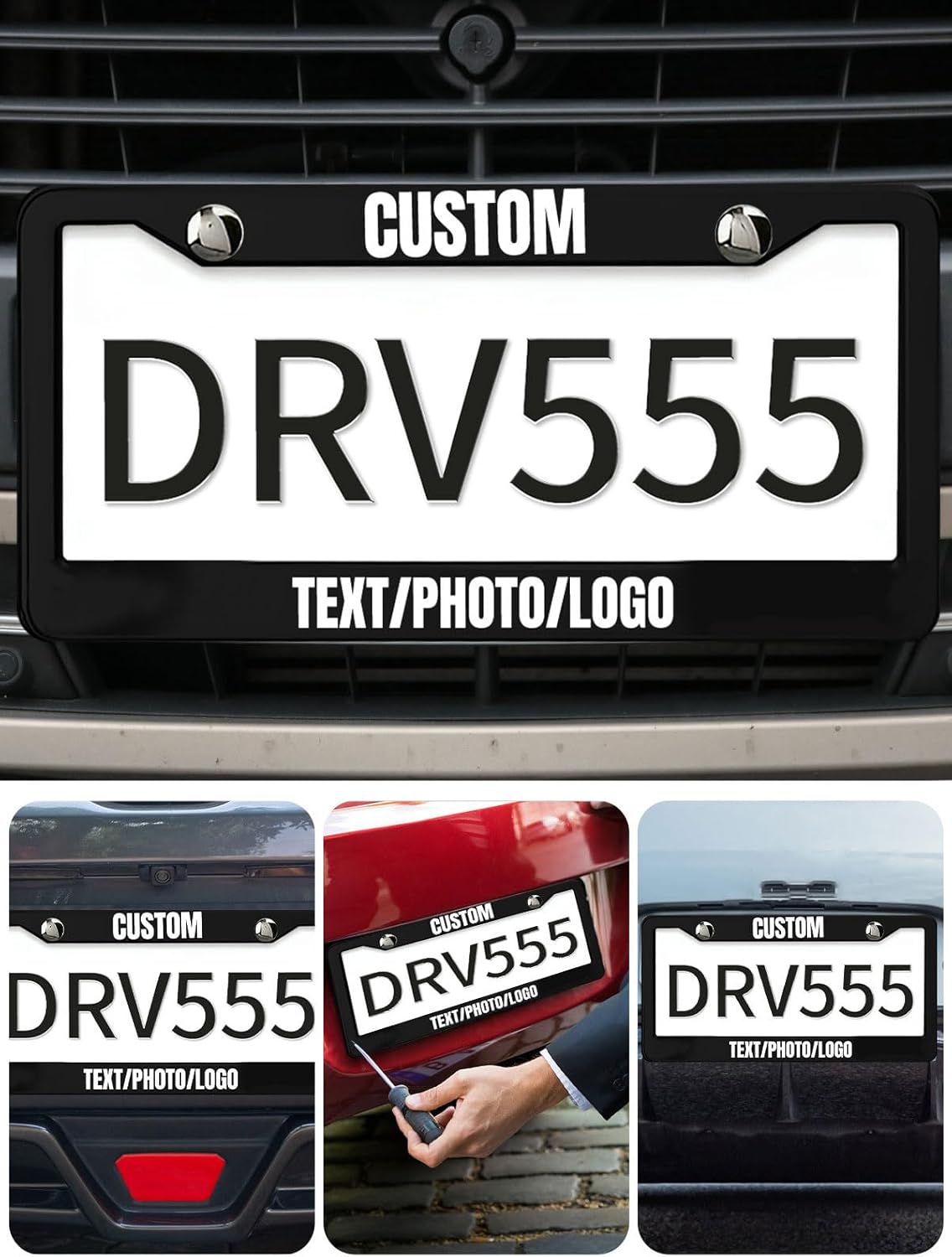 Custom License Plate Frame – Personalized License Plate Holder with Photo & Text – Rust-Proof Aluminum Car Tag Cover for Front/Rear, Car Accessory for Men & Women, Includes Screws, 12"x6" (2 Holes)