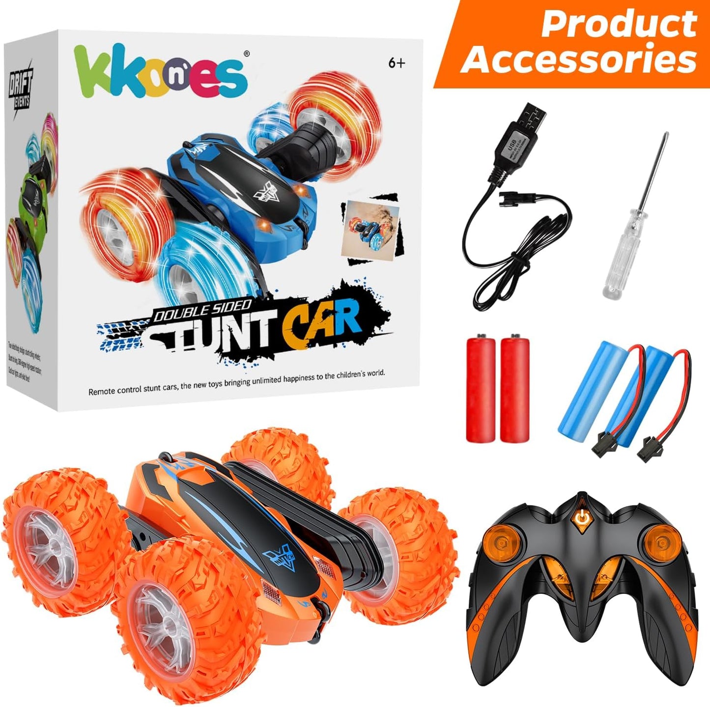 Remote Control Car, 2.4GHz Electric Race Stunt Car, Double Sided 360° Rolling Rotating Rotation, LED Headlights RC 4WD High Speed Off Road Gift for 3 4 5 6 7 8-12 Year Old Boy Toys (Orange)