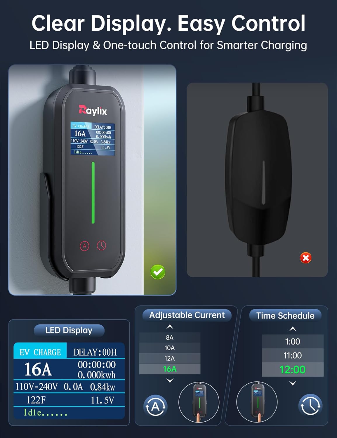 Raylix 16A Level 1&2 EV Charger, 110V-240V Electric Car Charger with 21ft Cable [Adjustable Current & Delay Charging] Portable EV Chargers for All SAE J1772, Nema 6-20 & Nema 5-15 Plug, Accessories