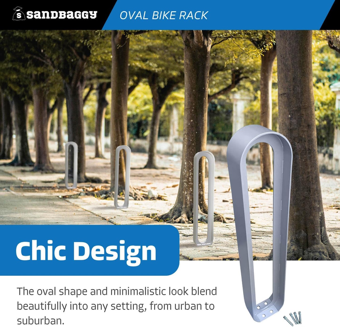 Sandbaggy Modern Commercial Bike Rack | 6.5” x 3” x 35” Oval Design | In-Ground | Anchor Bolts Included (Blue, 3)