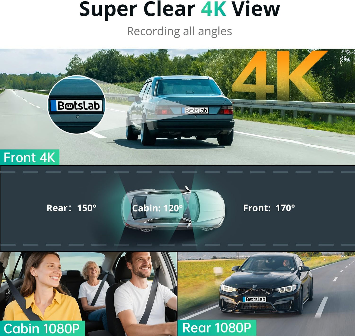3 Channel Dash Cam 4K with 128GB Card, 3.18" Touch Screen, Voice Control, 4K Front and 1080P Rear Inside Loop Recording, 5.8GHz WiFi, GPS, Night Vision, WDR, Parking Mode
