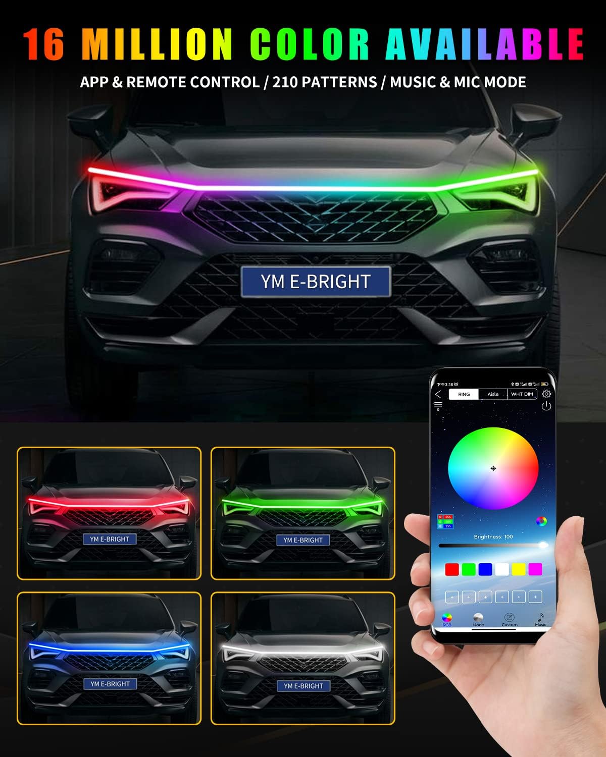 YM E-Bright Car Led Lights Exterior RGB Hood Light Strip Waterproof Multicolor Dynamic Scan Start Up Hoodbeam Kit DRL Daytime Running Lights for Cars,Truck,SUV,APP Remote Control,12V 59inch