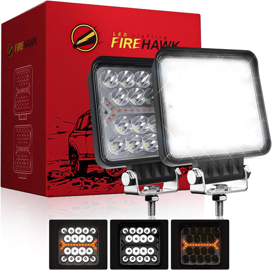Firehawk LED Light Pods Bar 4 Inch 30000LM 60W Square Spot Flood Amber White Driving Offroad Fog Work Backup Bumper for Truck Jeep ATV UTV SUV Tractor Motorcycle 4x4 Cart Trailer Boat Waterproof 2PCS