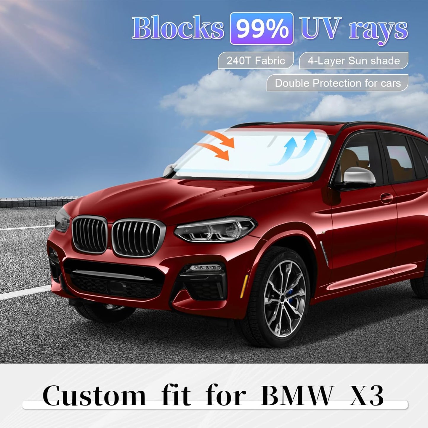 Sun Shade Sunshade for BMW X3 2018-2024 2025 Windshield Cover, 4-Layer Front Window Shade Custom fit X3 Base, xDrive28i, xDrive35i, M Sport SUV Sun Visor 240T Shade Blocks UV Rays Car Accessories